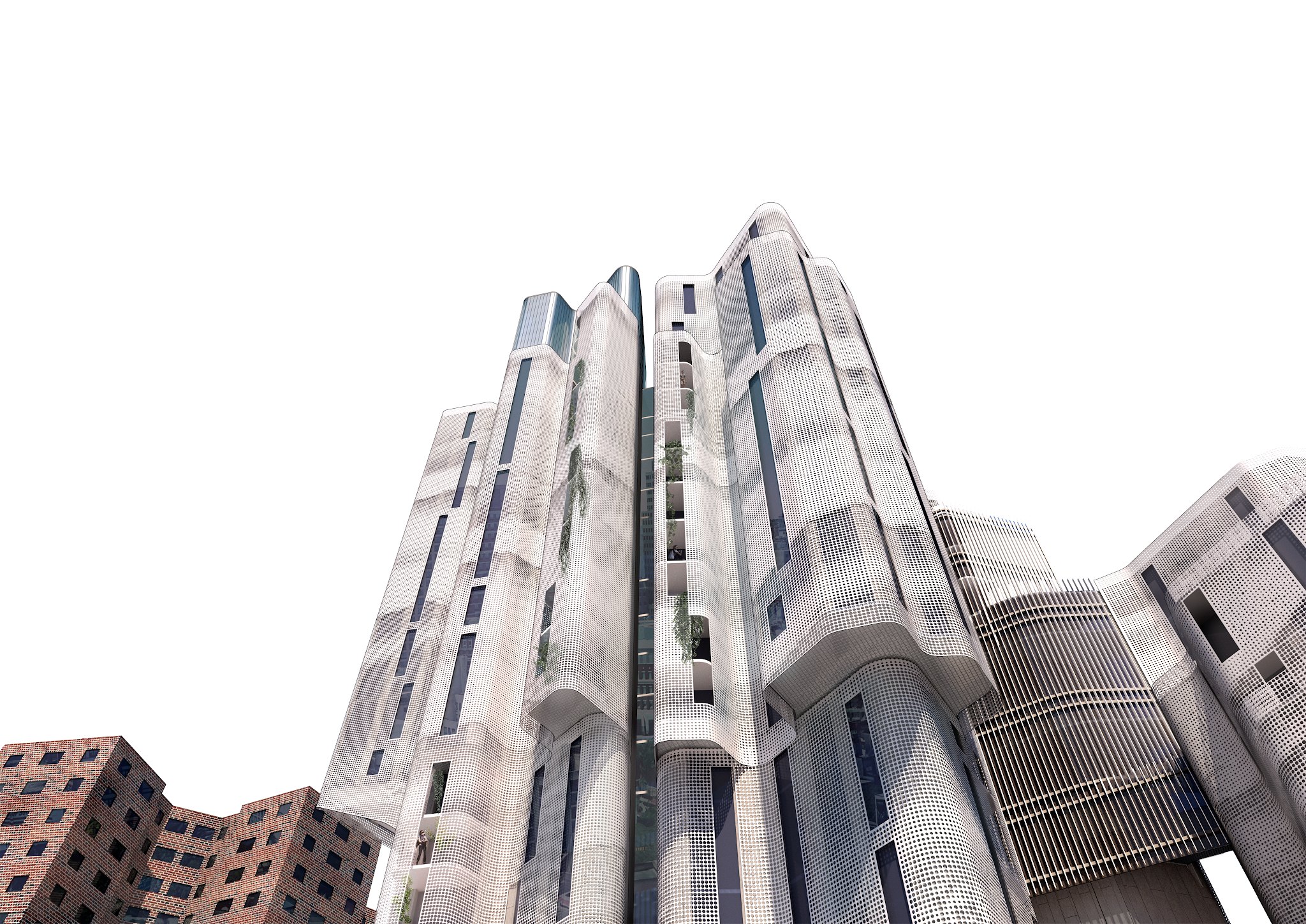 A rendering of a tall white undulating building. There are some plants growing in and around what appears to be an exoskeleton around the building.
