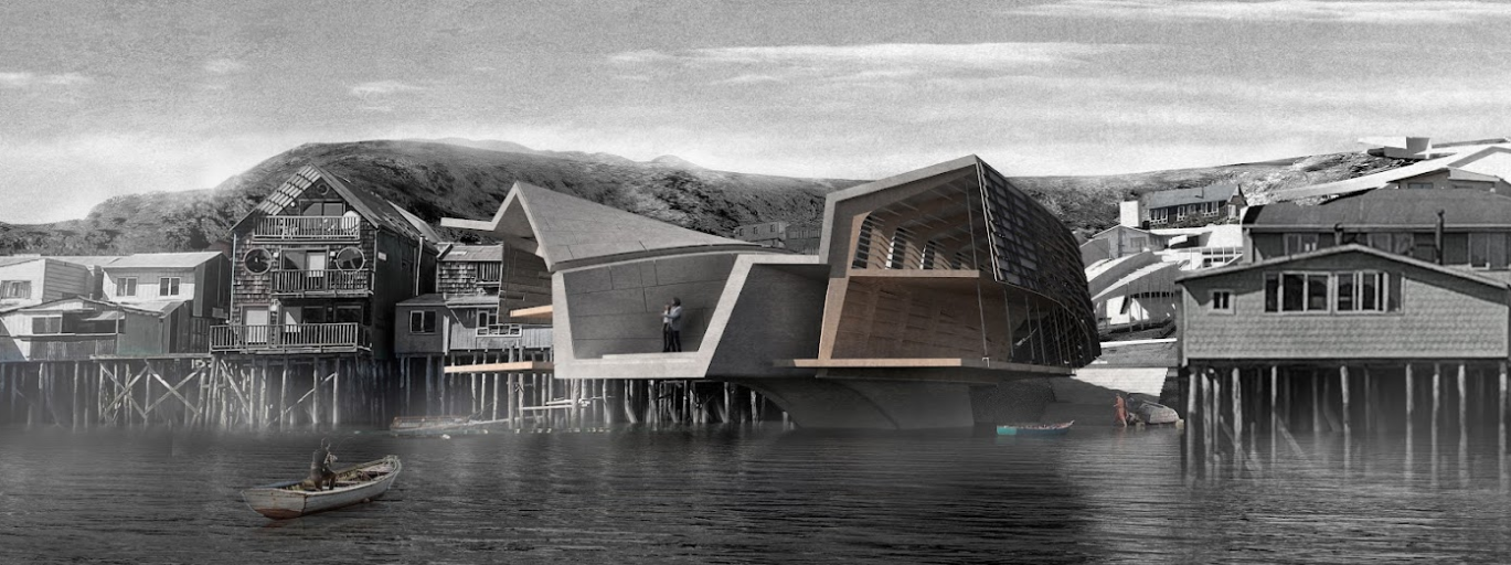 A architectural rendering where the viewer is looking towards land from a body of water. There are buildings that line the shoreline all on stilts. Some are clapboard while others are more contemporary in their designs.