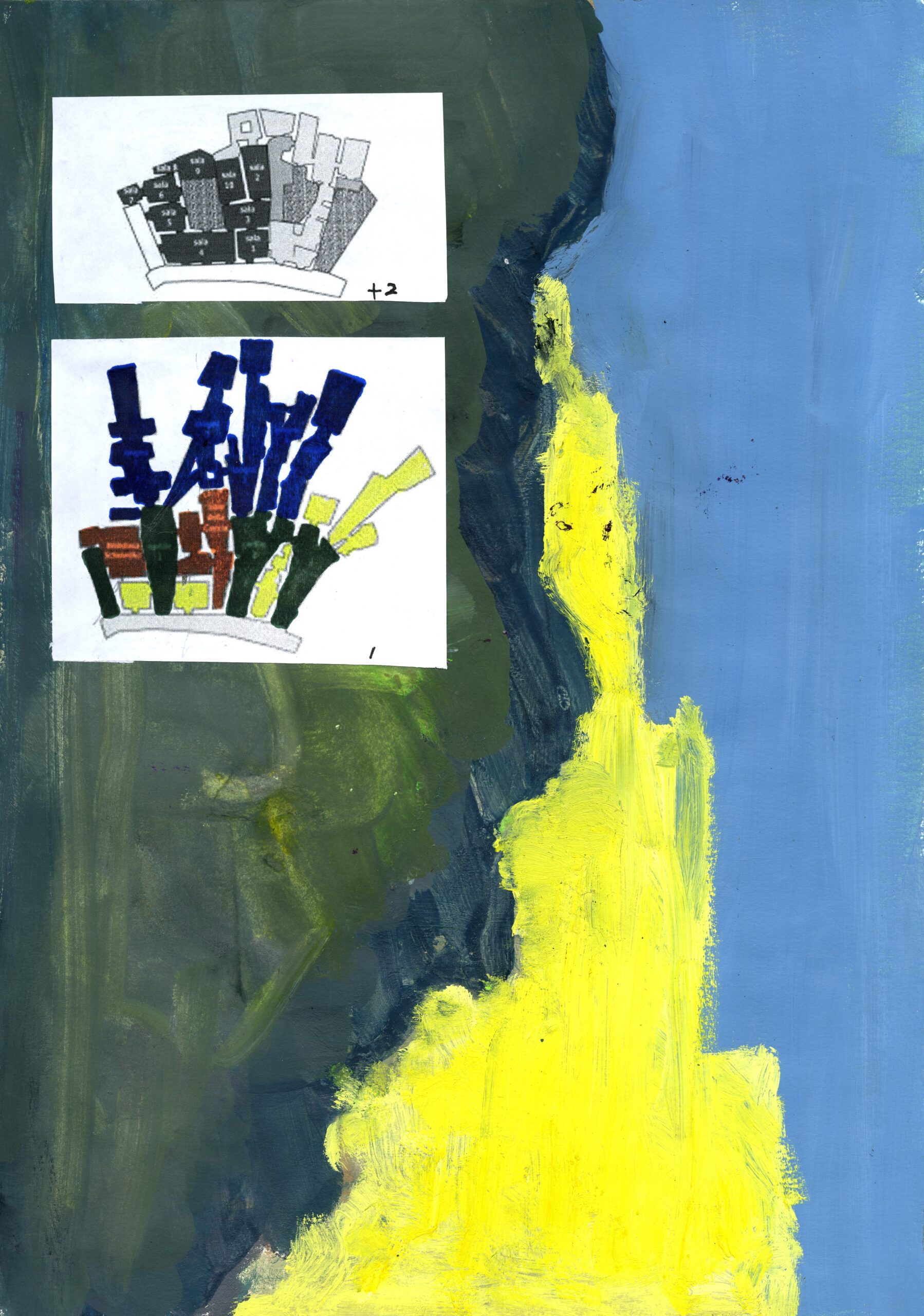 An abstract painting representing an ariel view of a landscape, depicted in yellow, green, and bluye.