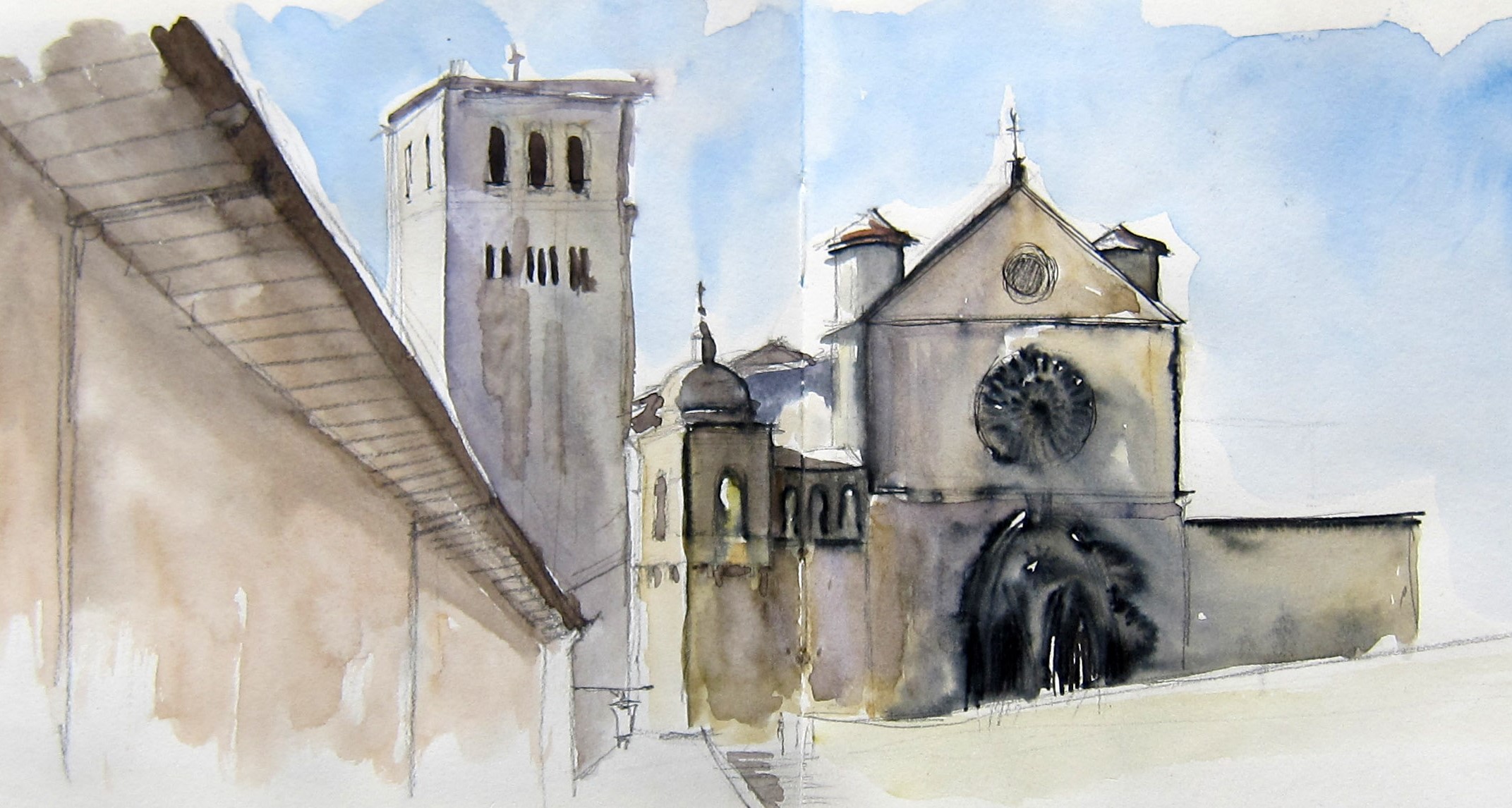 A wide painting of a church.