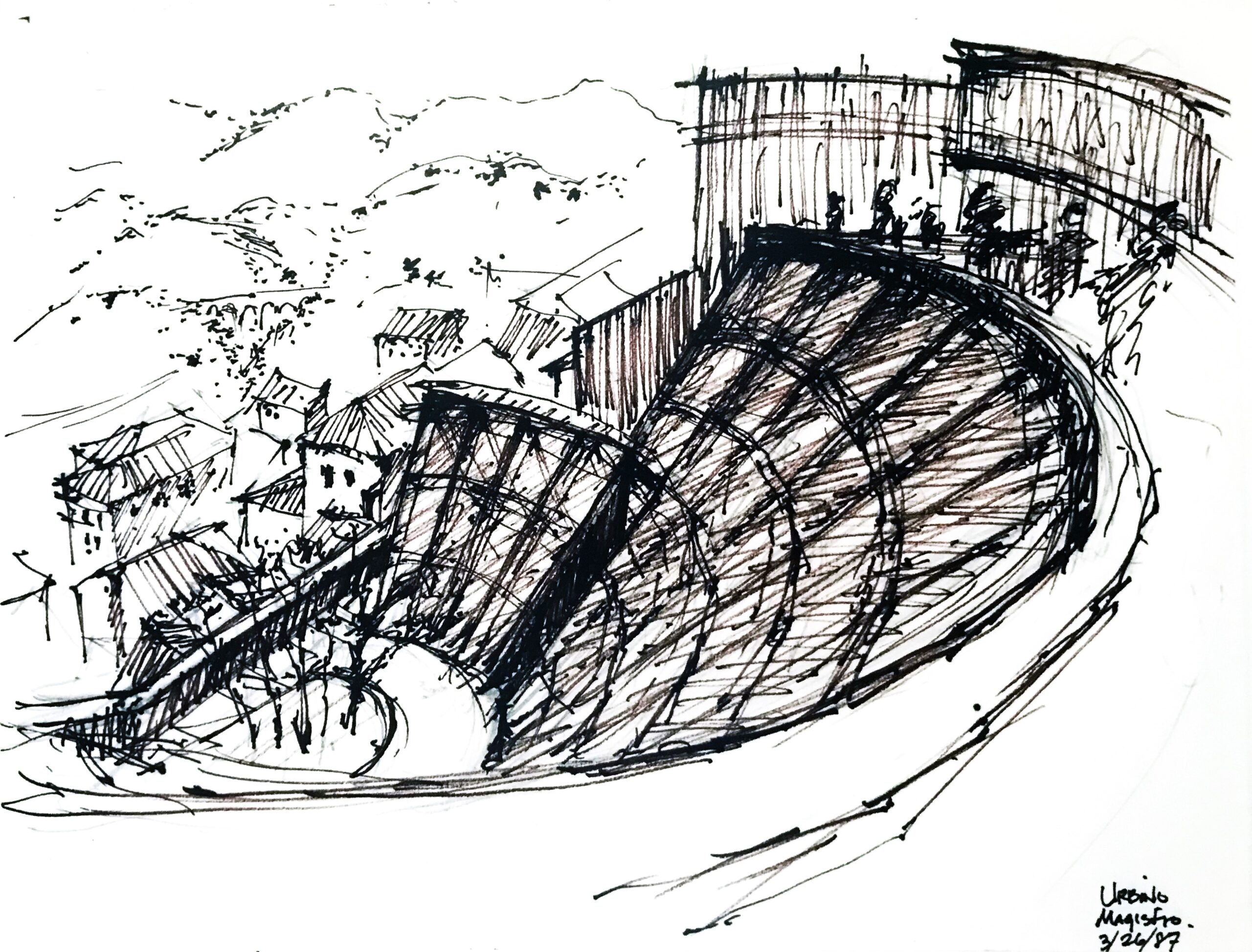 A black and white sketch of a Roman ampihtheater.