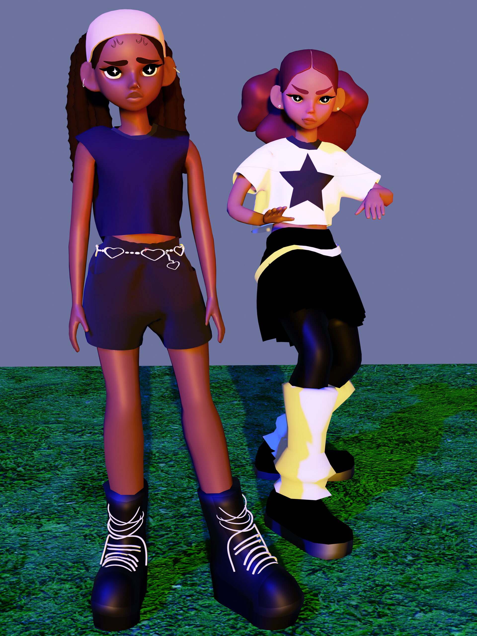 3D rendering of two girls standing on grass, with pink light shining on them.