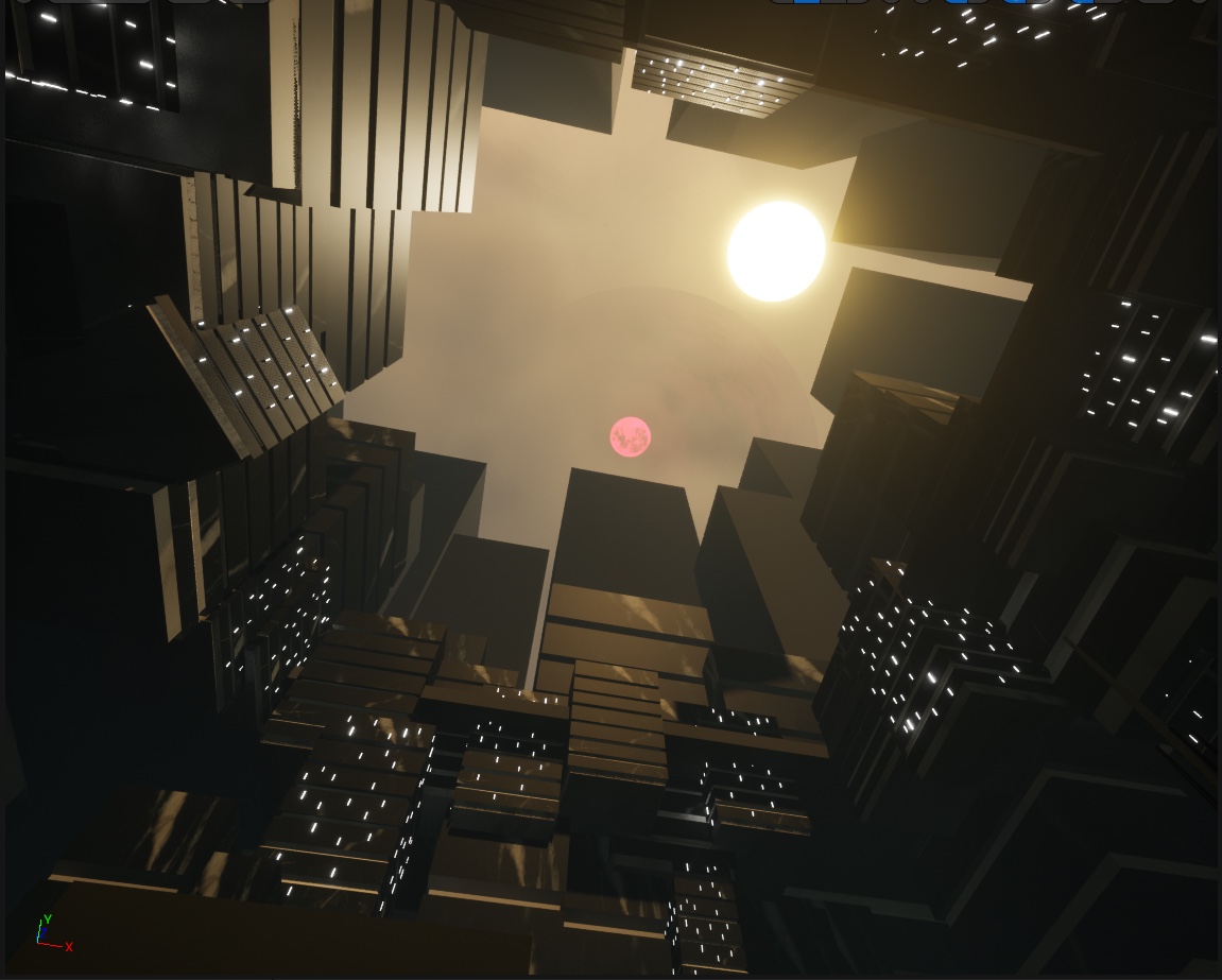 3D render of a city above the viewer, with the sun in between the towering buildings around.