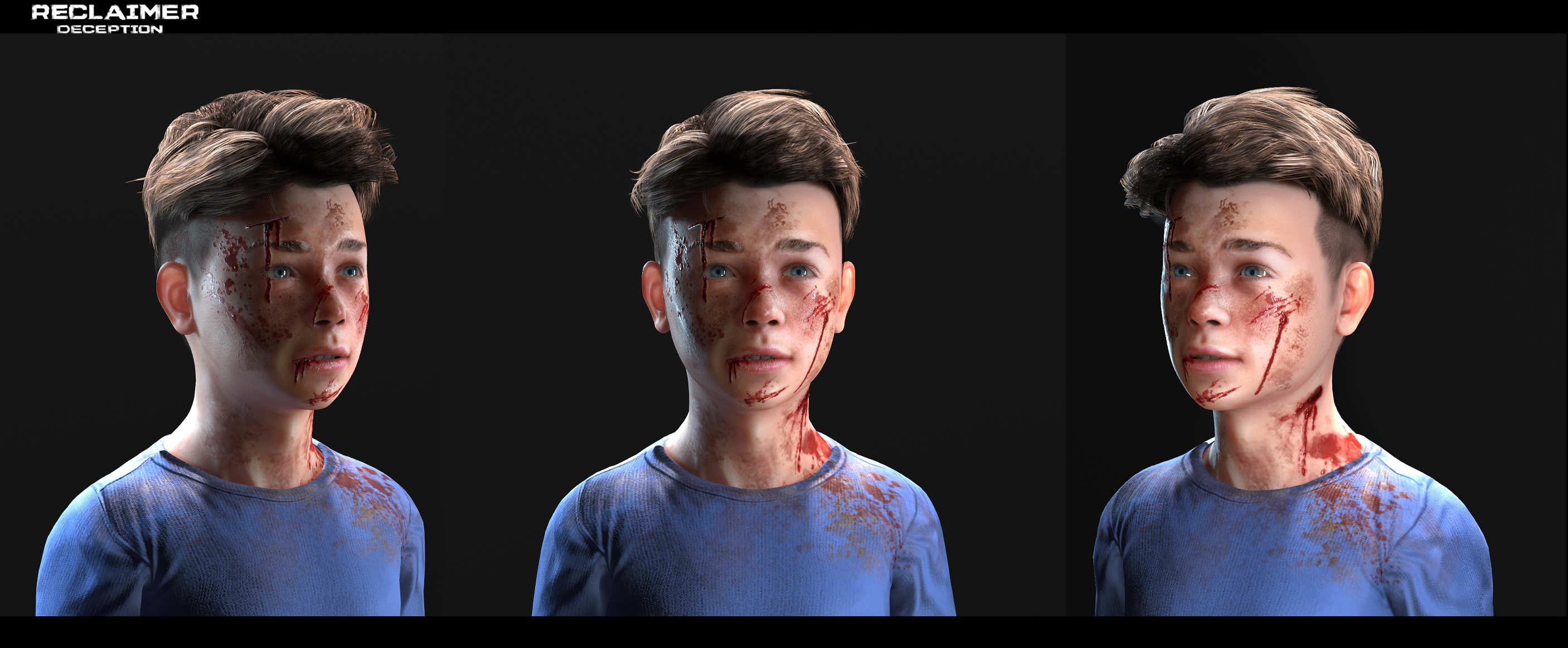 The image is of a 3D rendered character of a child. The child is injured and bleeding, as though a survivor of an apocalypse.