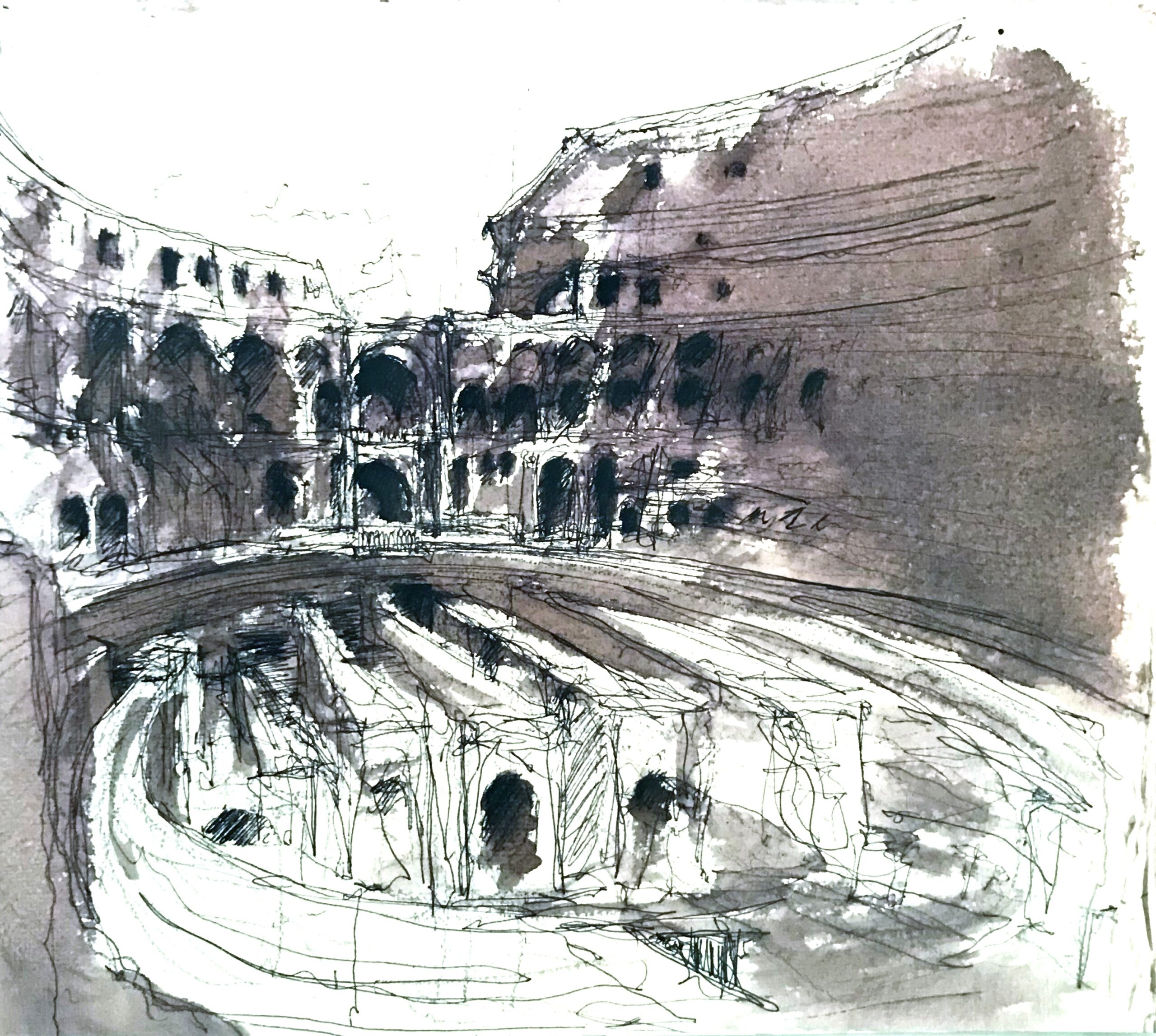 Black and white drawing of an ancient Roman structure.