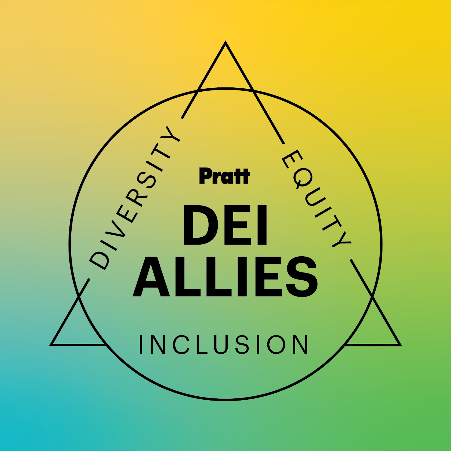 image graphic for DEI ALLIES, with triangle linked by the words diversity, equity, inclusion, with a circle cutting through the triangle
