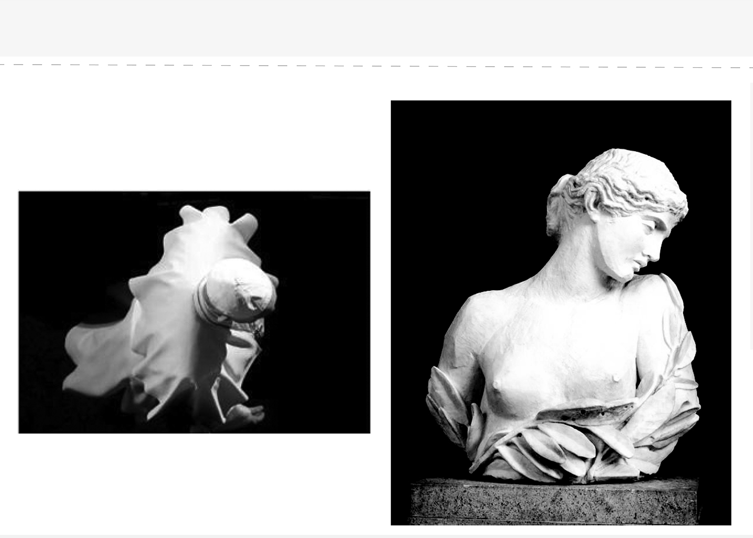 A collage of two marble sculptures. The ones on the left is of an abstract shape while the one on the right of a woman's bust