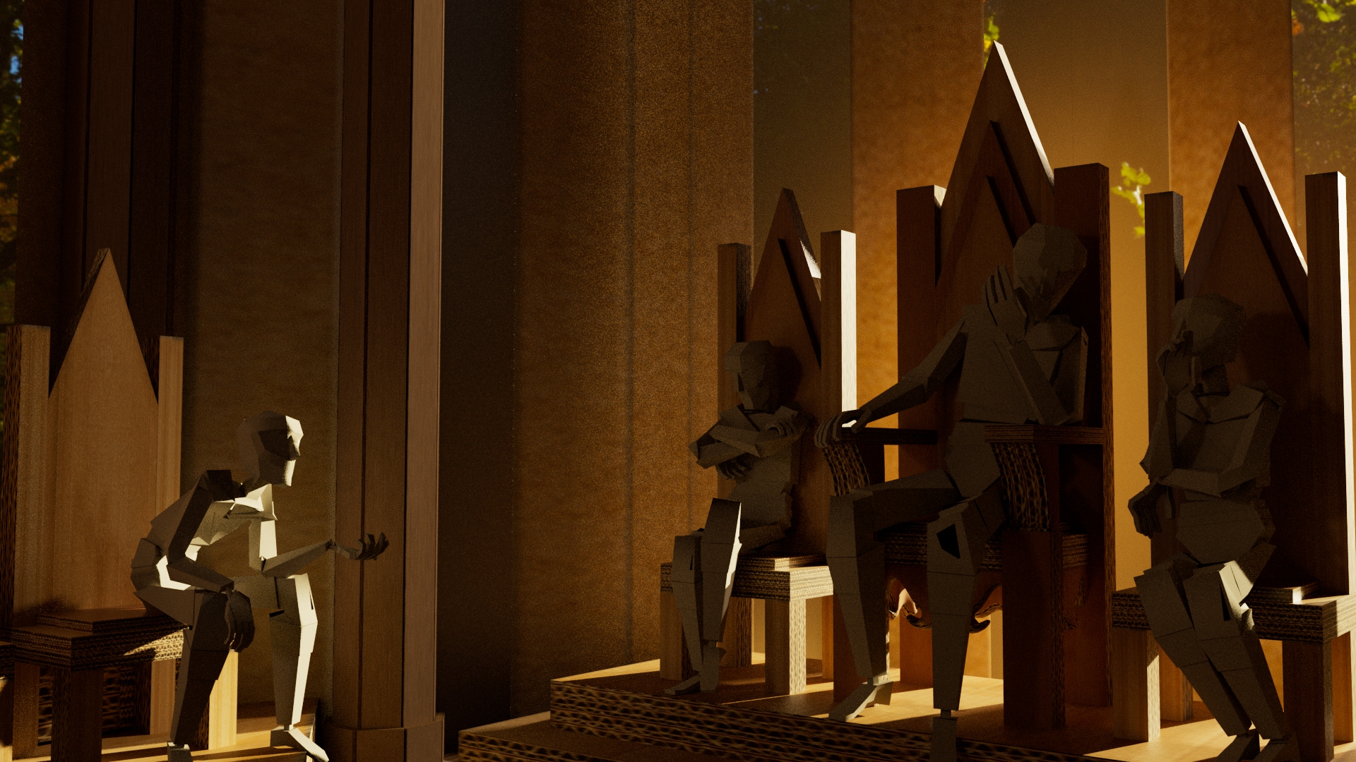 The image is a 3D rendering of what appears to be a throne room, with the king and 3 other people in their seats, having a discussion. The entire scene is built out of cardboard.