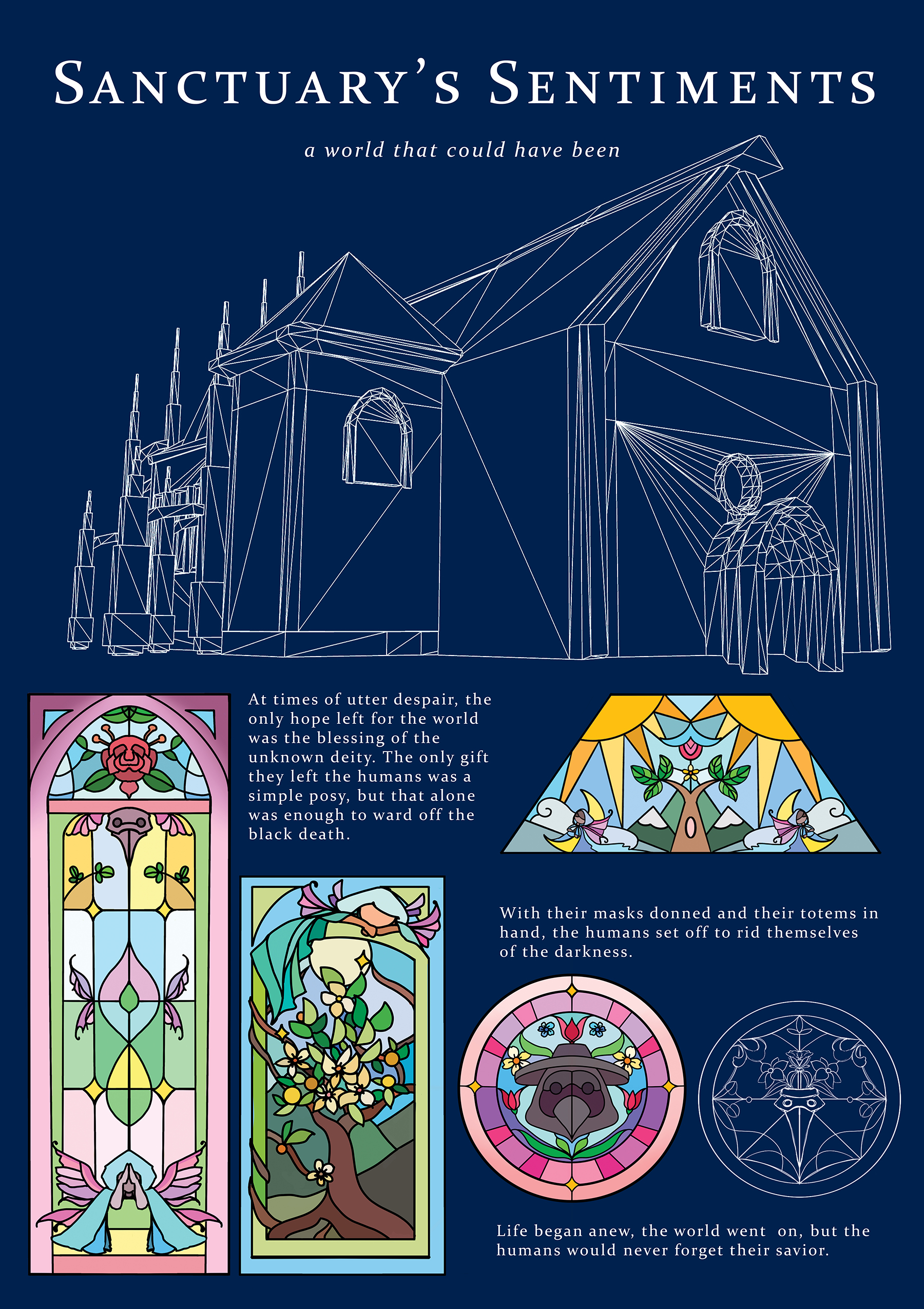 The image is a line art illustration of a cathedral., along with colourful illustrations of some stained glass.