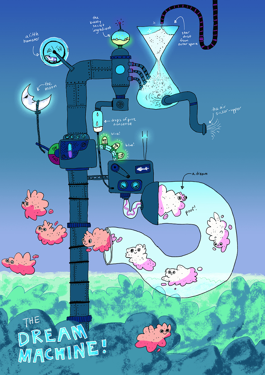 drawing of a machine, in handdrawn and colored cartoon style, that moves sheep through tubes