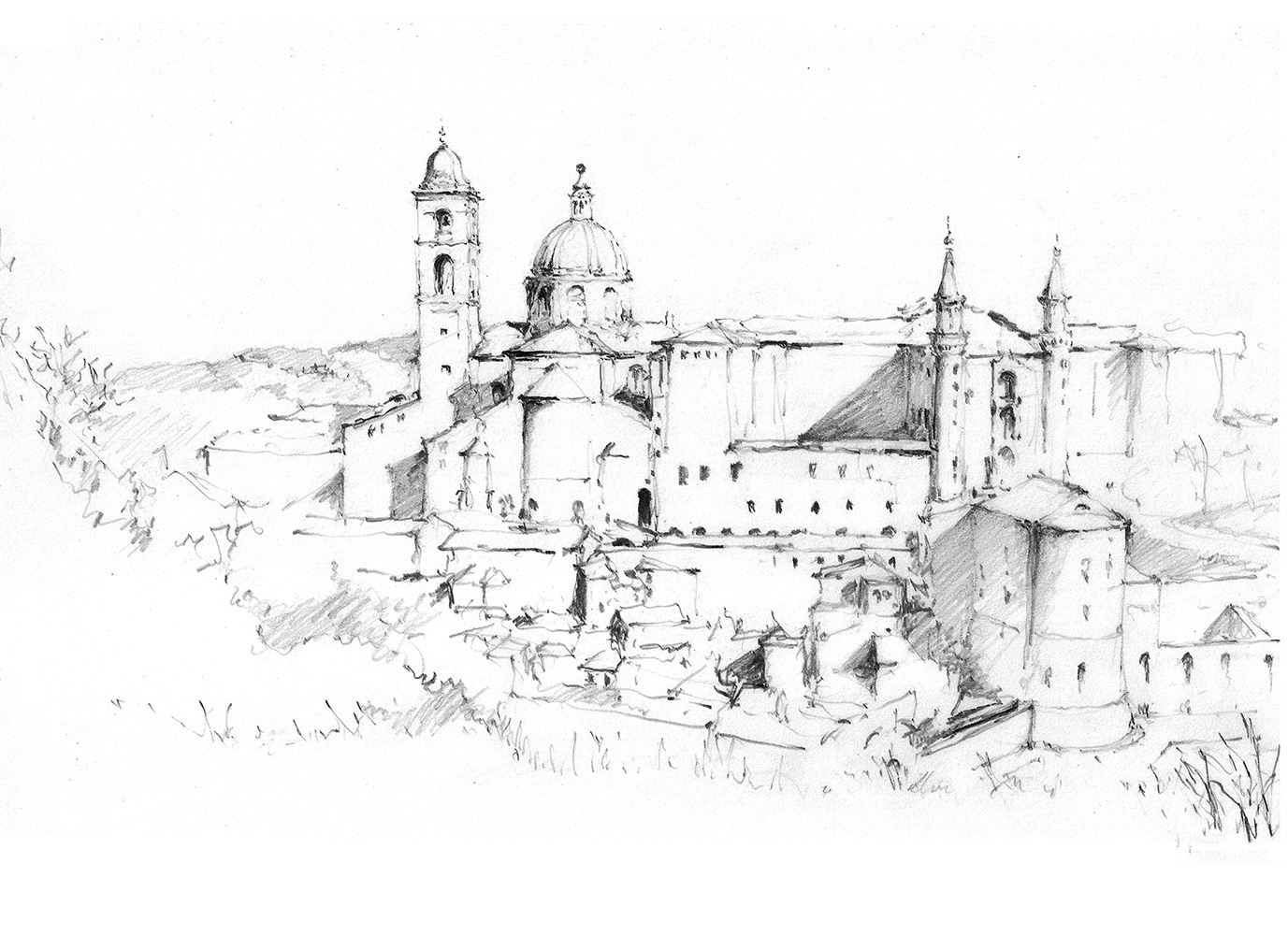 A sketch of classical Roman buildings by a grassy hill.