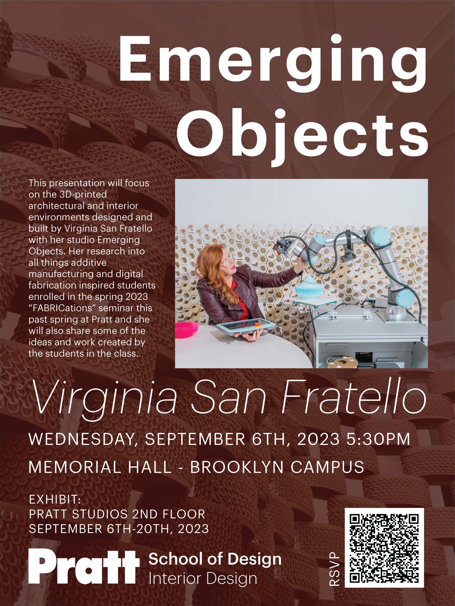 Poster for Emerging Objects presentation. It contains the information written out on this webpage alongside an image of a person interacting with a robotic arm.