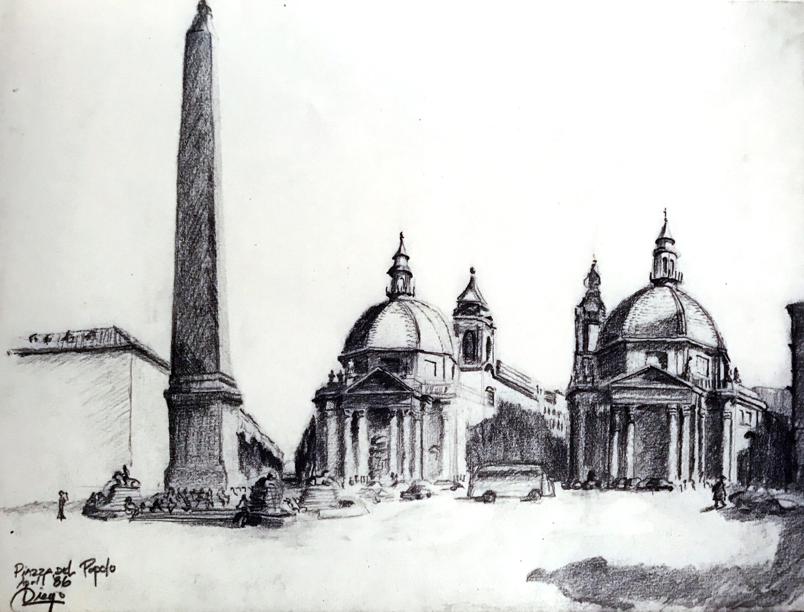 A sketch of a view from the street in rome, including numerous domes buildings and an obelisk.