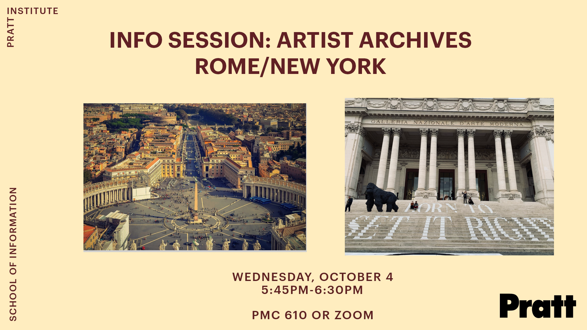Poster for the Springbreak in Rome Information Session. It has a yellow background and images of Rome