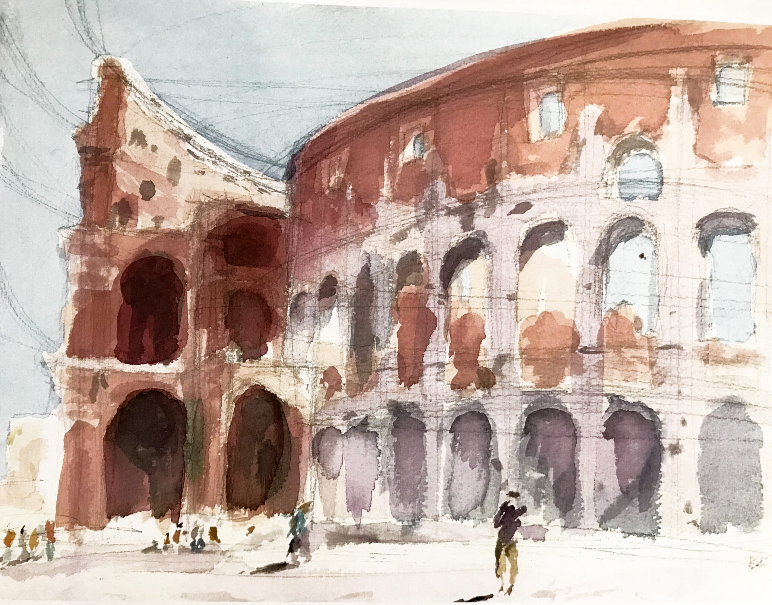 An orange painting of a colleseum.