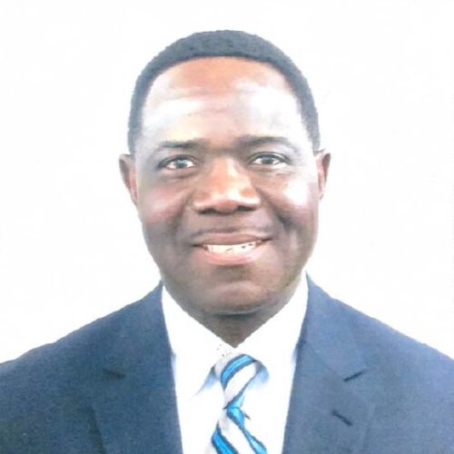 Formal headshot of a man wearing a dark blue suit, white shirt, and blue striped tie, smiling against a plain white background.