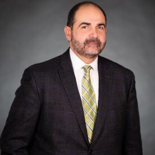 Portrait of a man wearing a dark checkered suit jacket, light shirt, and green striped tie, posing against a gray studio background.