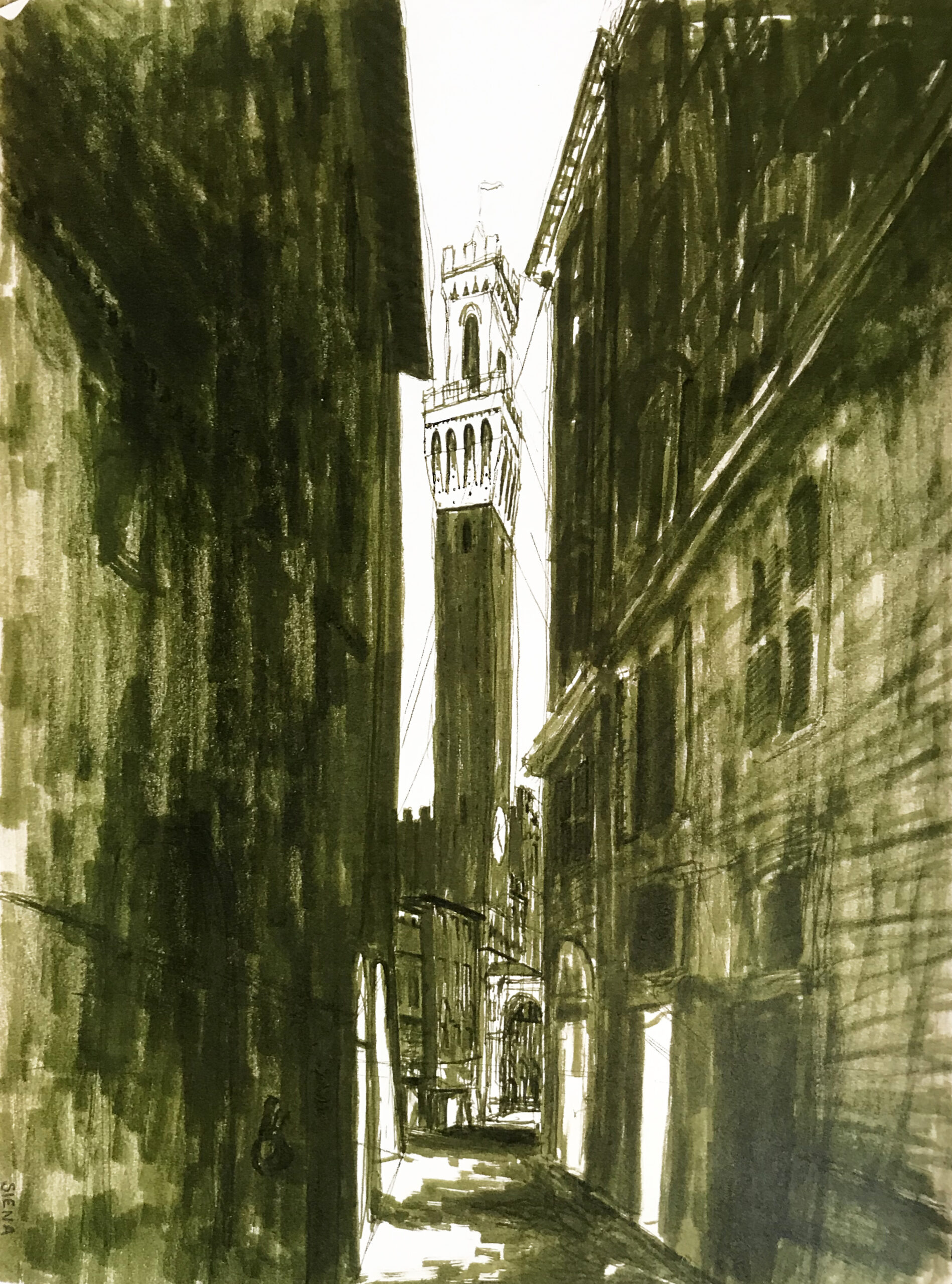 A sketch of a tall building ass seen between two alleyway walls.