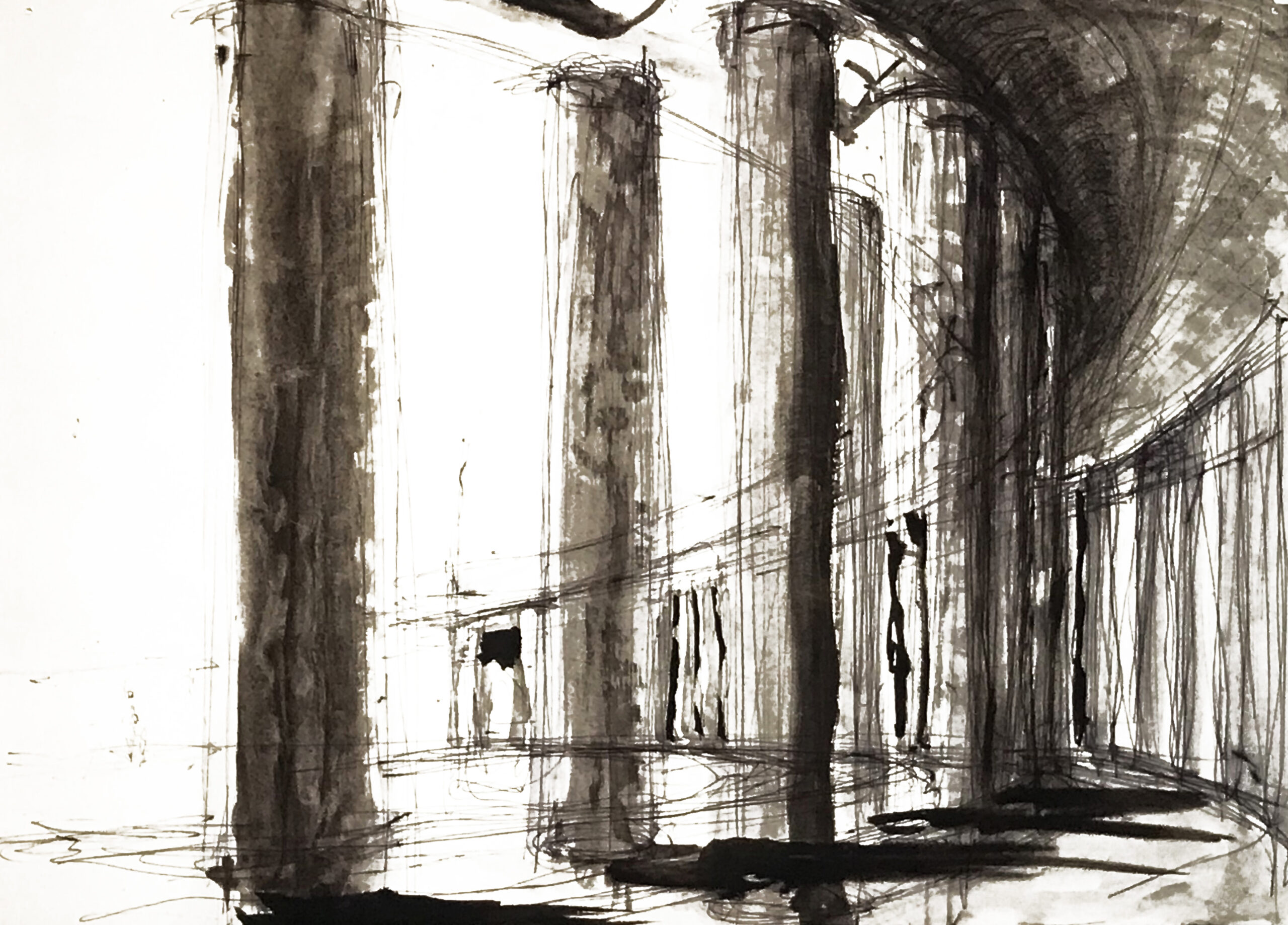 A black and white painting of Roman pillars.