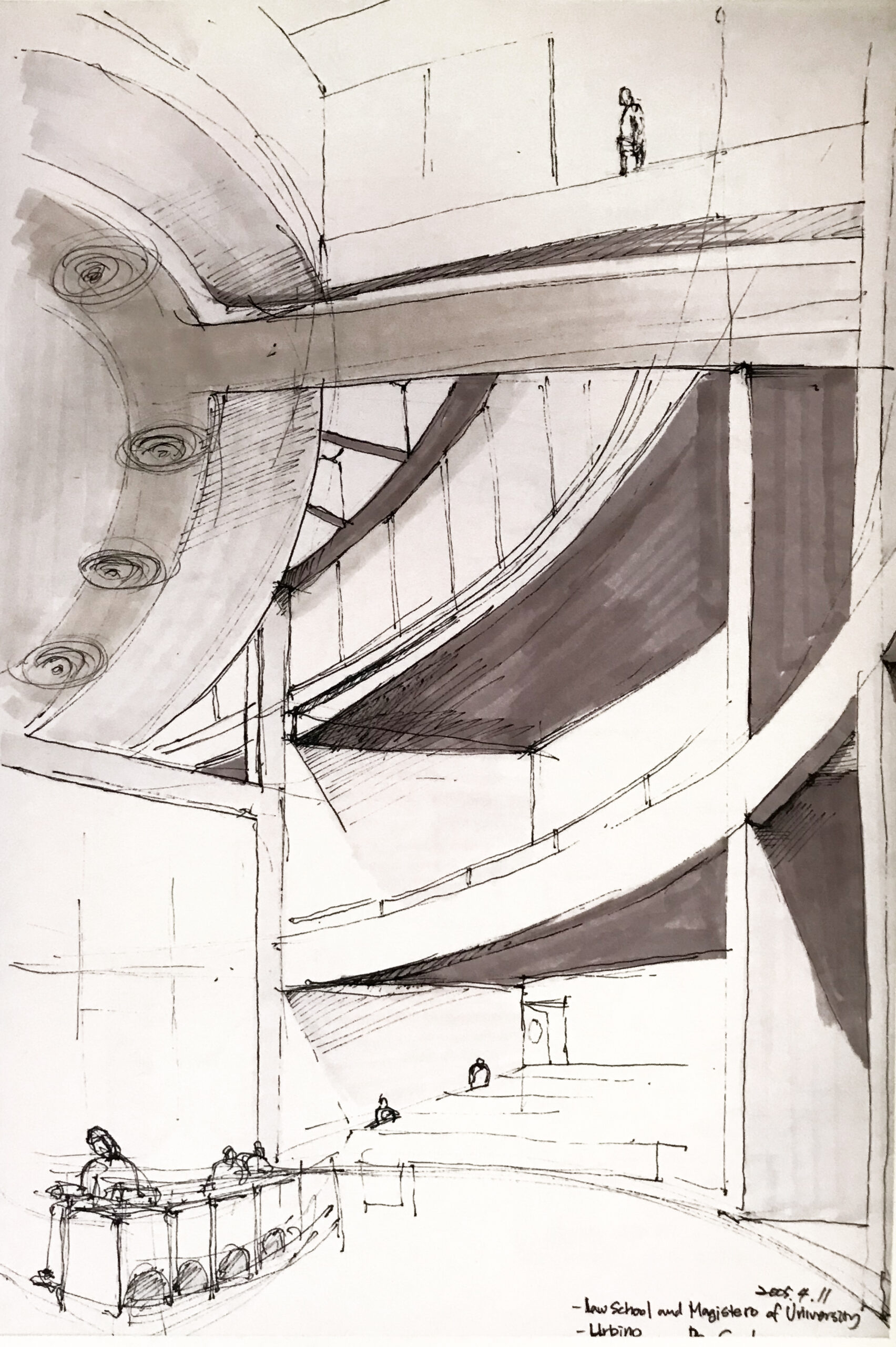 A black and white sketch of a modern facility.