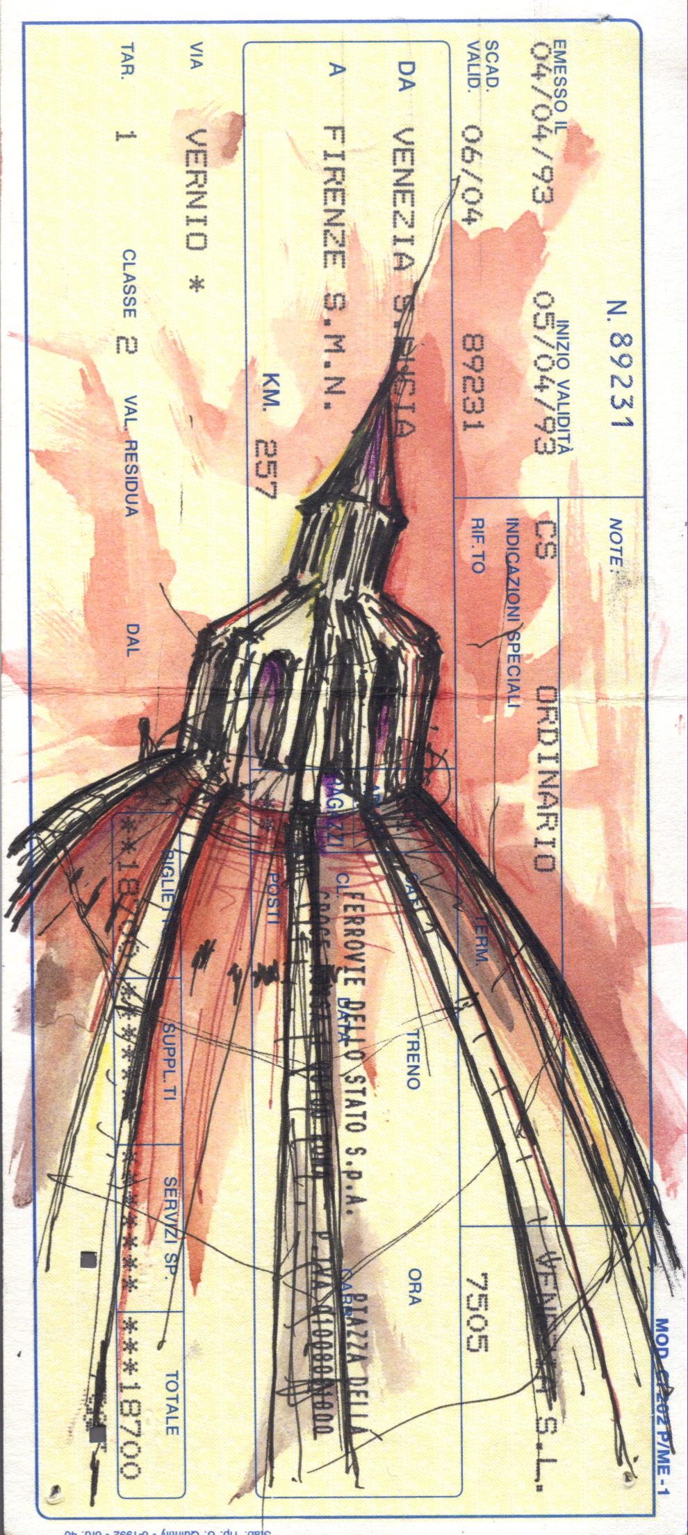 A sketch on a travel ticket of a dome-shaped roof.