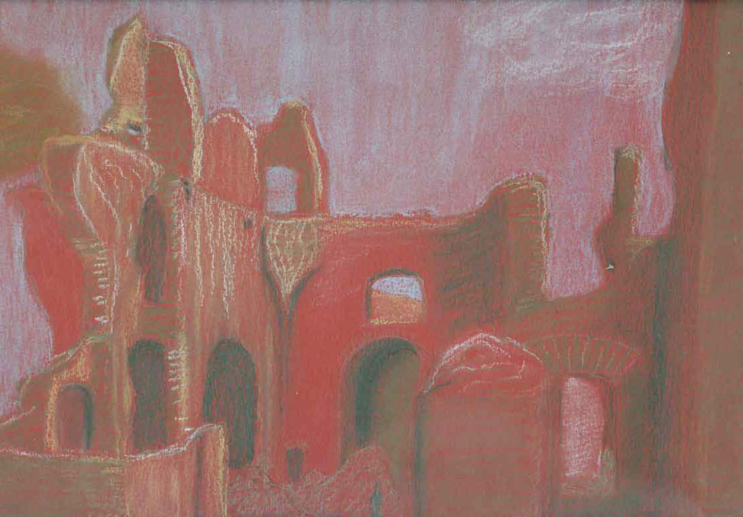A abstract paitning of houses in red.