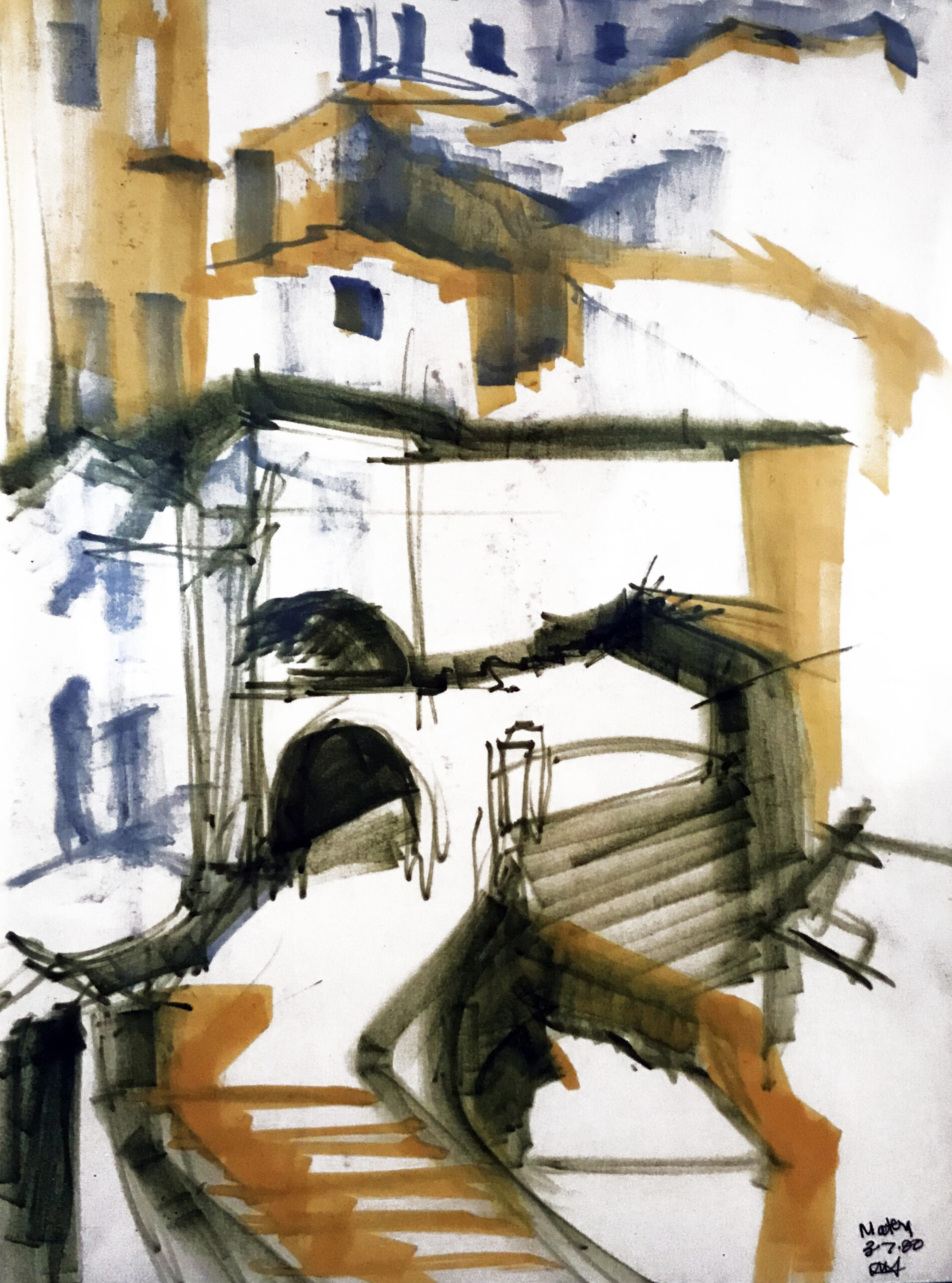 A painting of an urban Roman landscape, featuring yellow, blue, and red highlights.