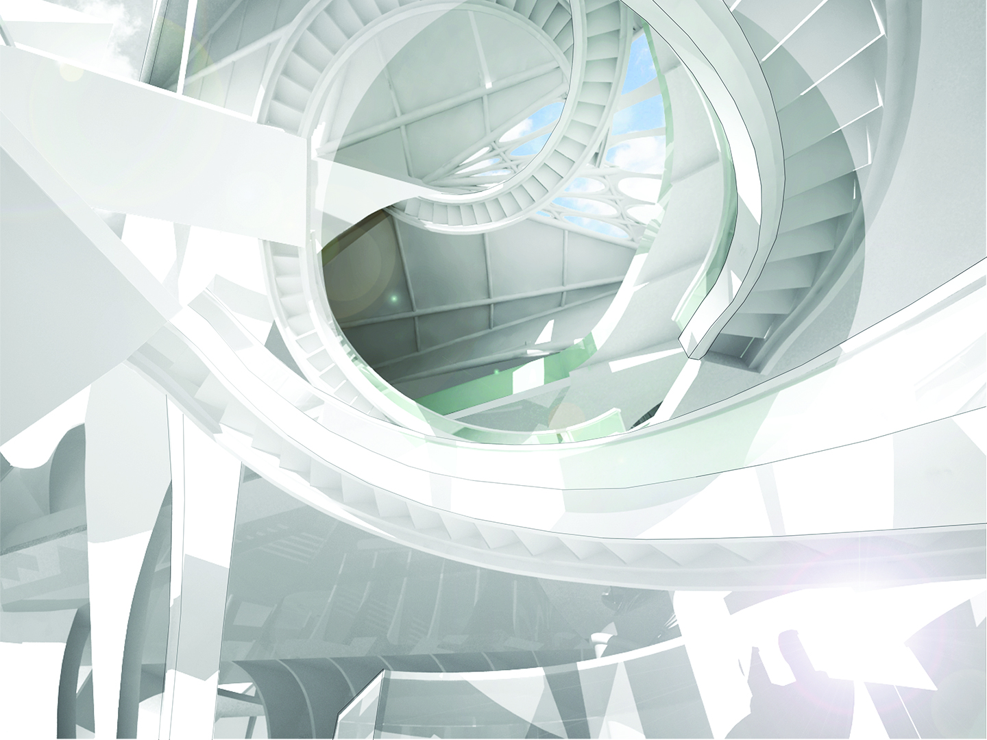 A 3d rendered circular staircase.