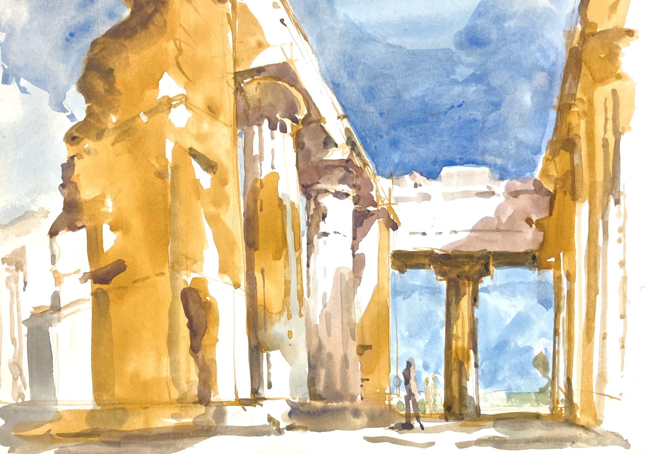 A ancient Roman ruin, painted in blue and yellow.