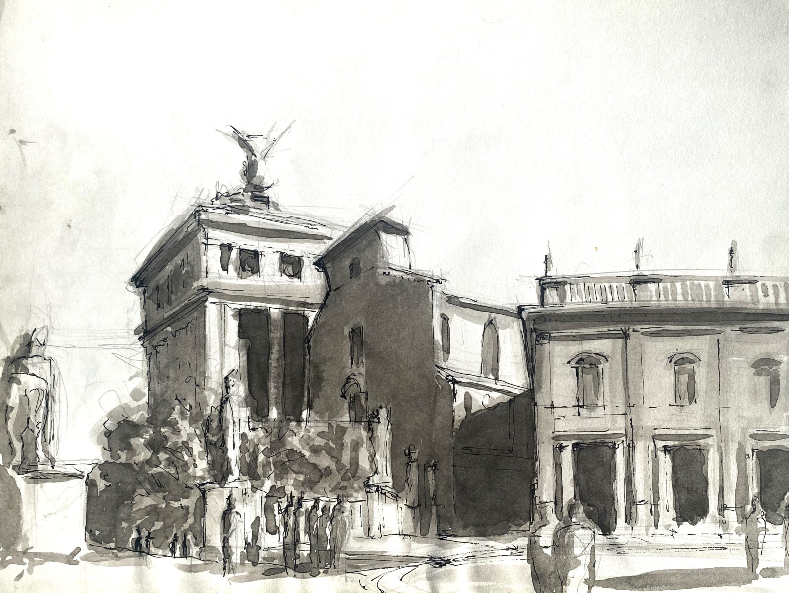 A sketch of a view from the street in rome, including numerous buildings, a statue of a winged figure, and trees.