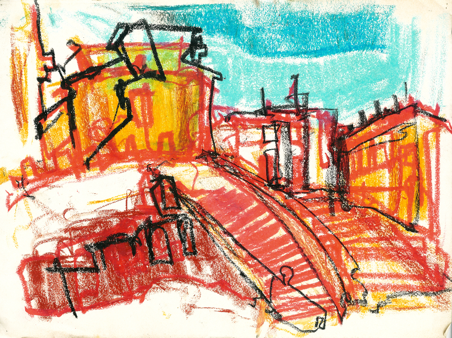 An abstract rendering of a roman street view, incorporating bright colors.