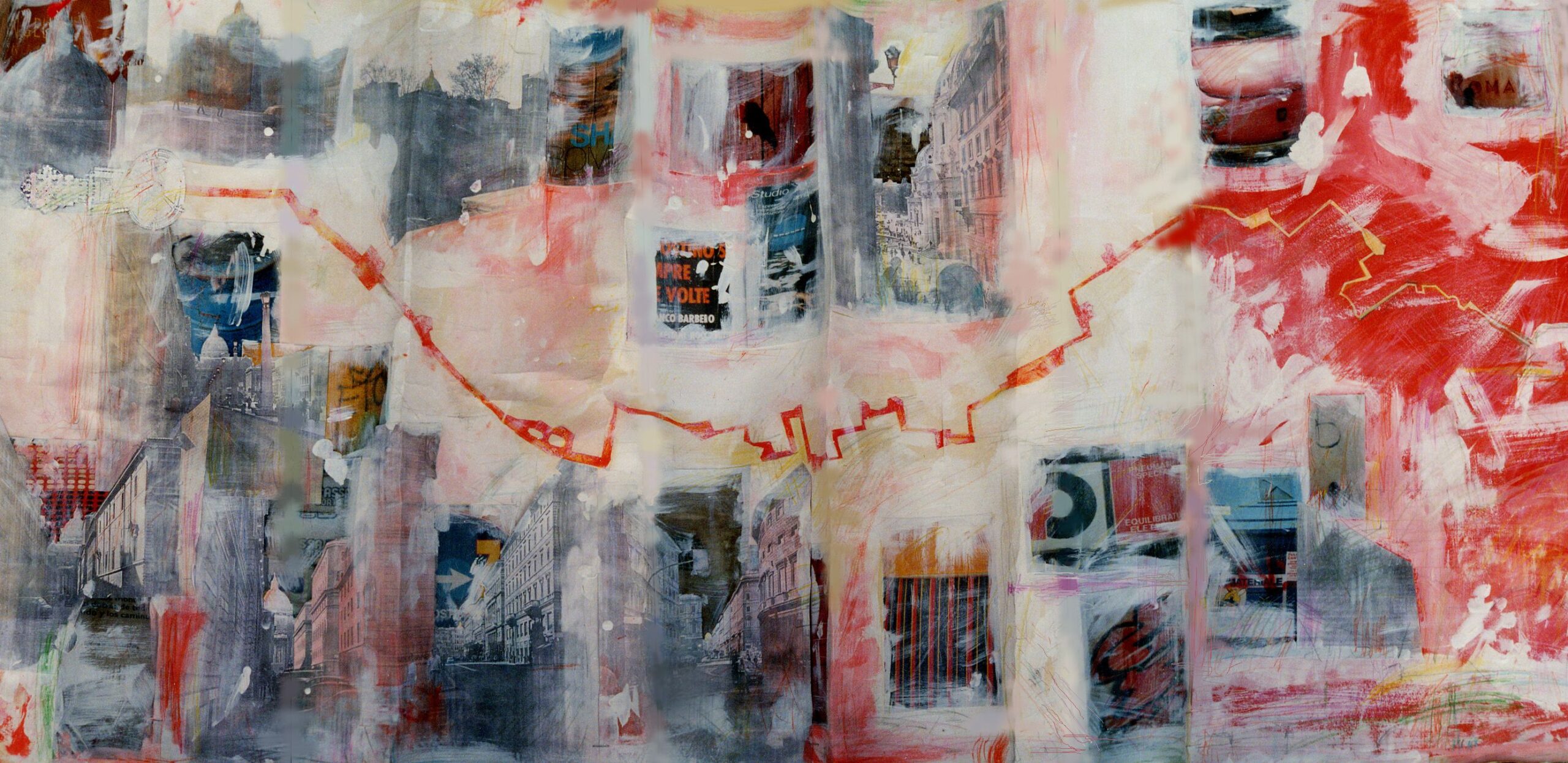 An abstract painting collaging papers and the color red traced by the center.