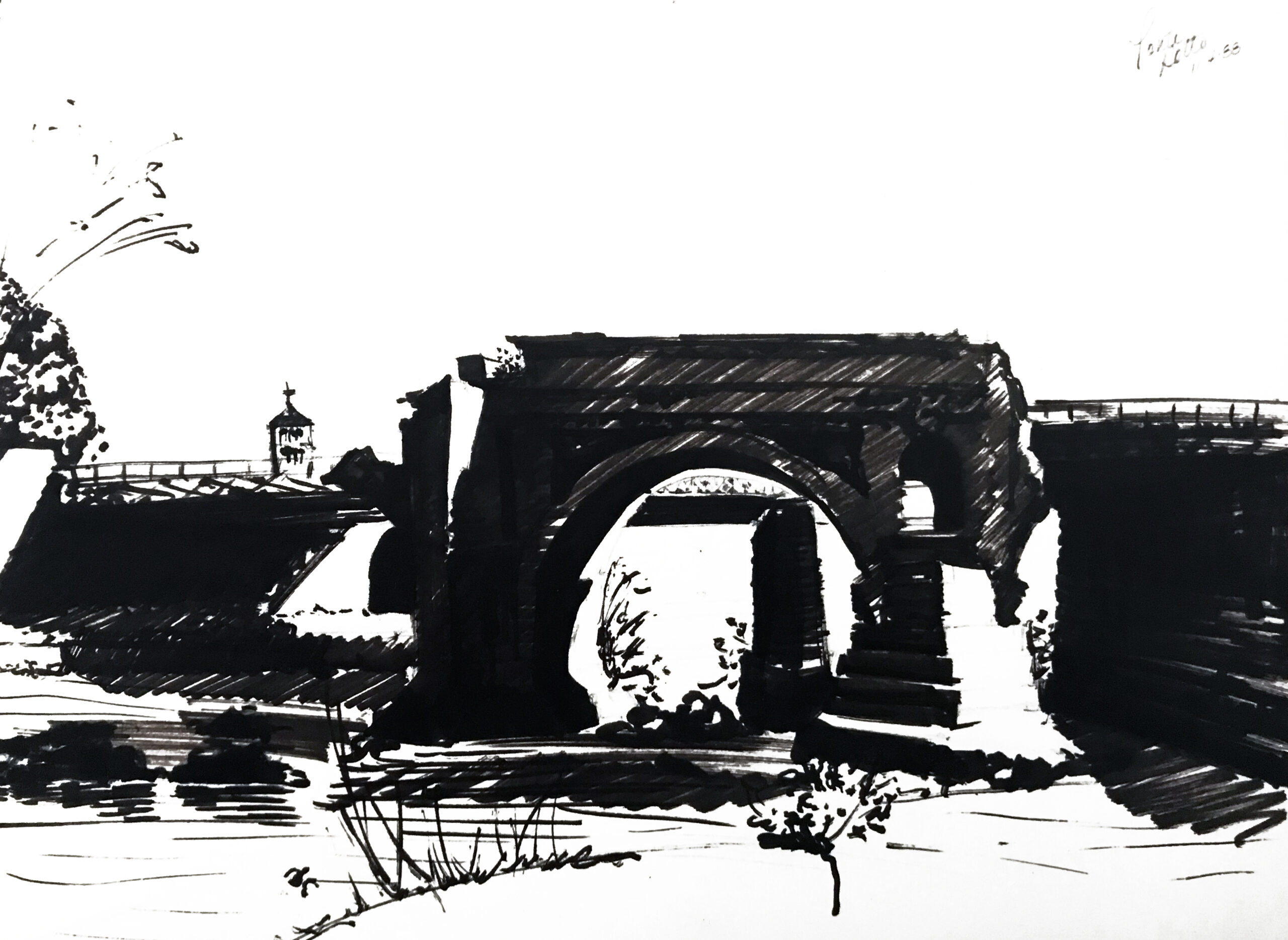 An inkblot painting of a countryside bridge.