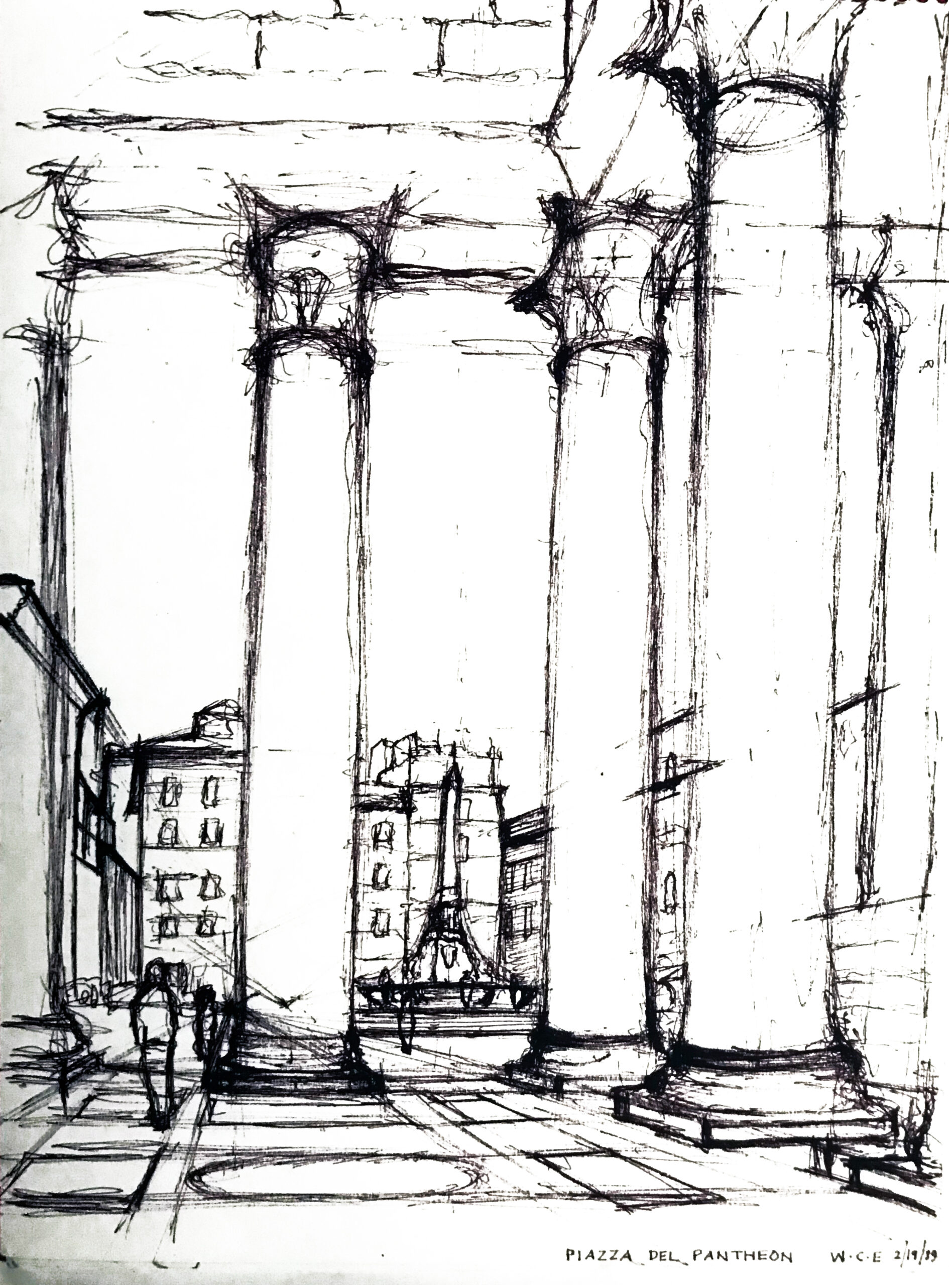 A black and white sketch of Roman pillars.