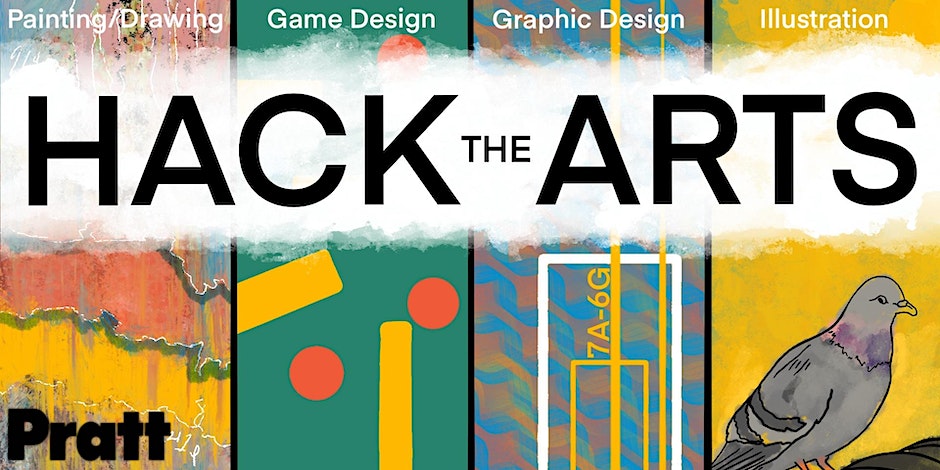 Poster for the Hack the Arts event. Thee background has a collage of illustrations depicting a pigeon, beakers and abstract shapes.