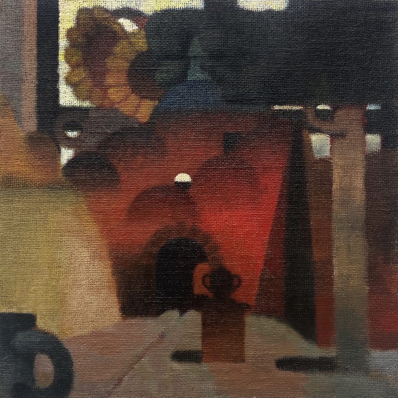 An abstract oil painting with the cubist style/ Sunflowers and what looks like a tunnel in red hues can be seen at the center of the painting.