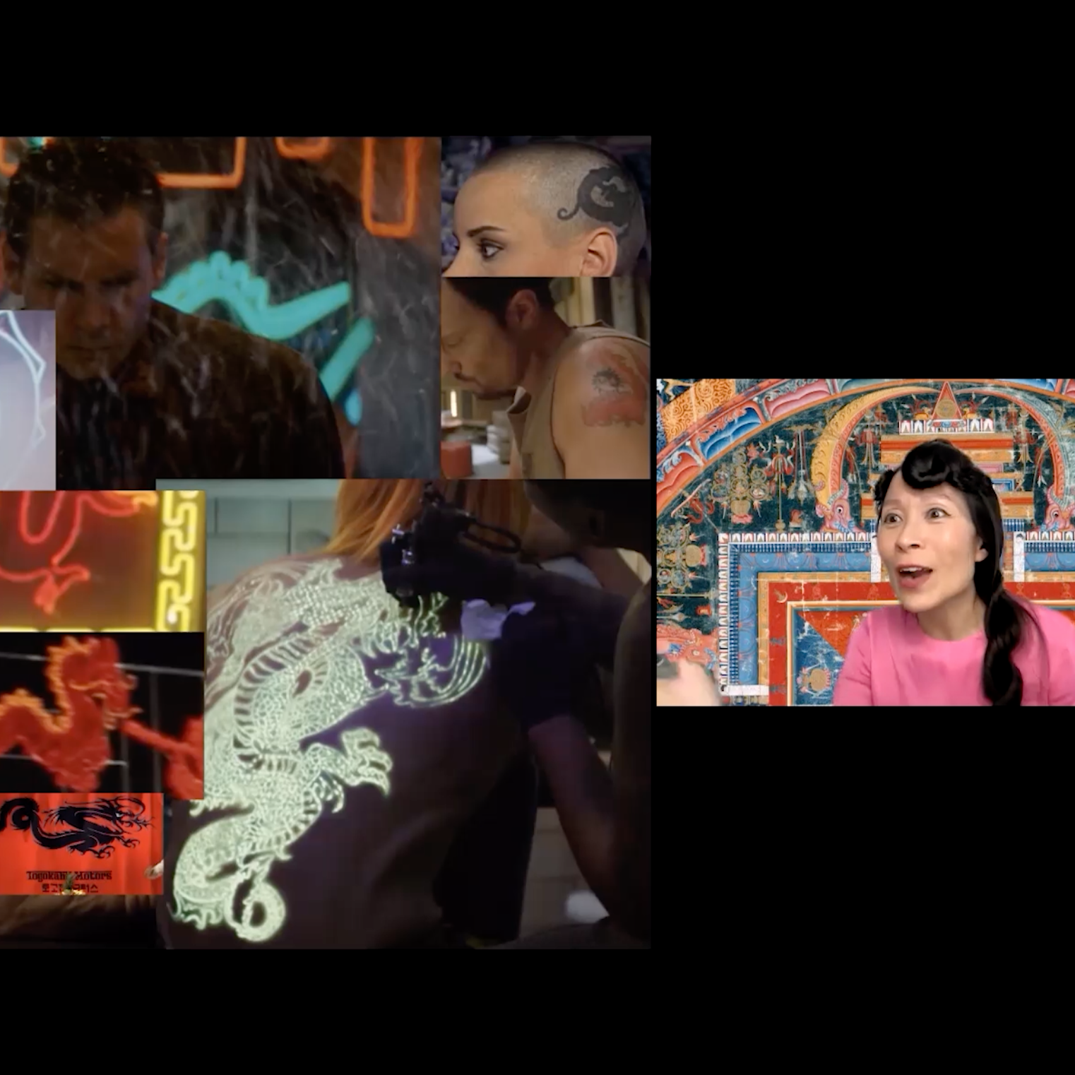 A film still collaging clips from various media sources, featuring a woman wearing pink, drawings of dragons, and other imagery.