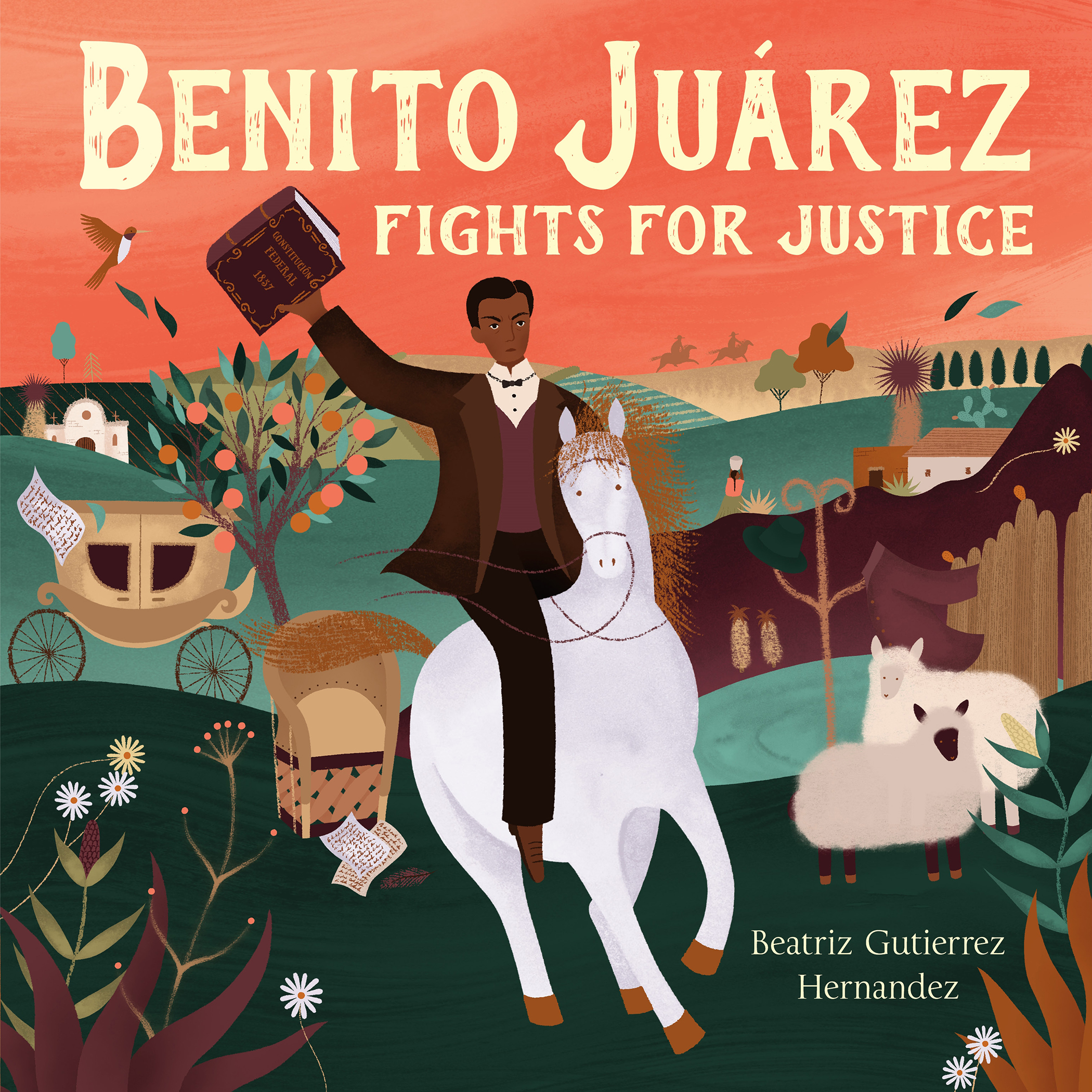 A book cover featuring a man in a brown suit holding a book in the air while riding a white horse, away from an intricately detailed natural landscape.