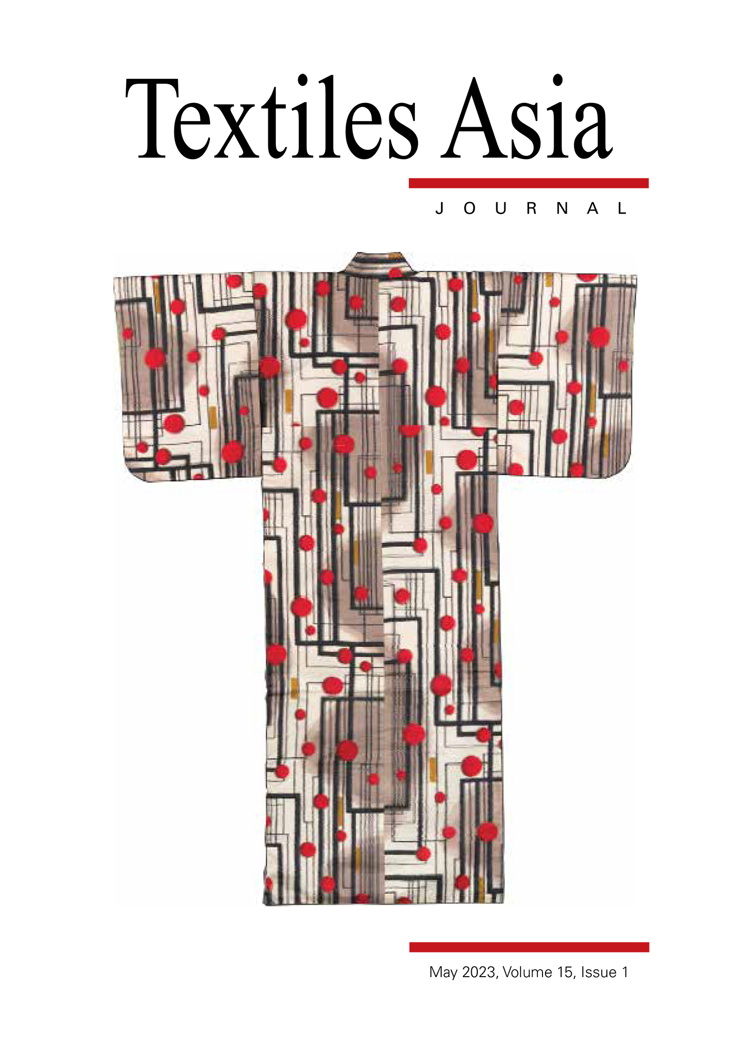 The cover to Textiles Asia, featuring an illustration resembling the letter “T” with red dots interconnected by black lines inside.