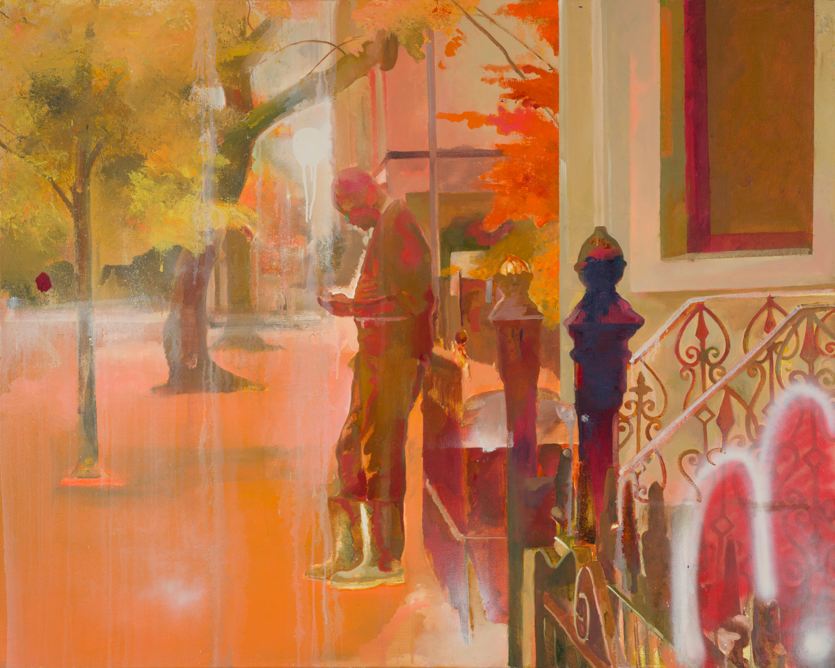 A painting in red, yellow, orange, and brown of a city sidewalk, featuring a person in boots looking down at their hands.