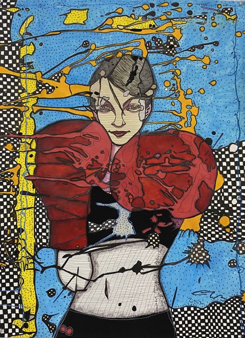 An abstract painting of a woman wearing boxing gloves.