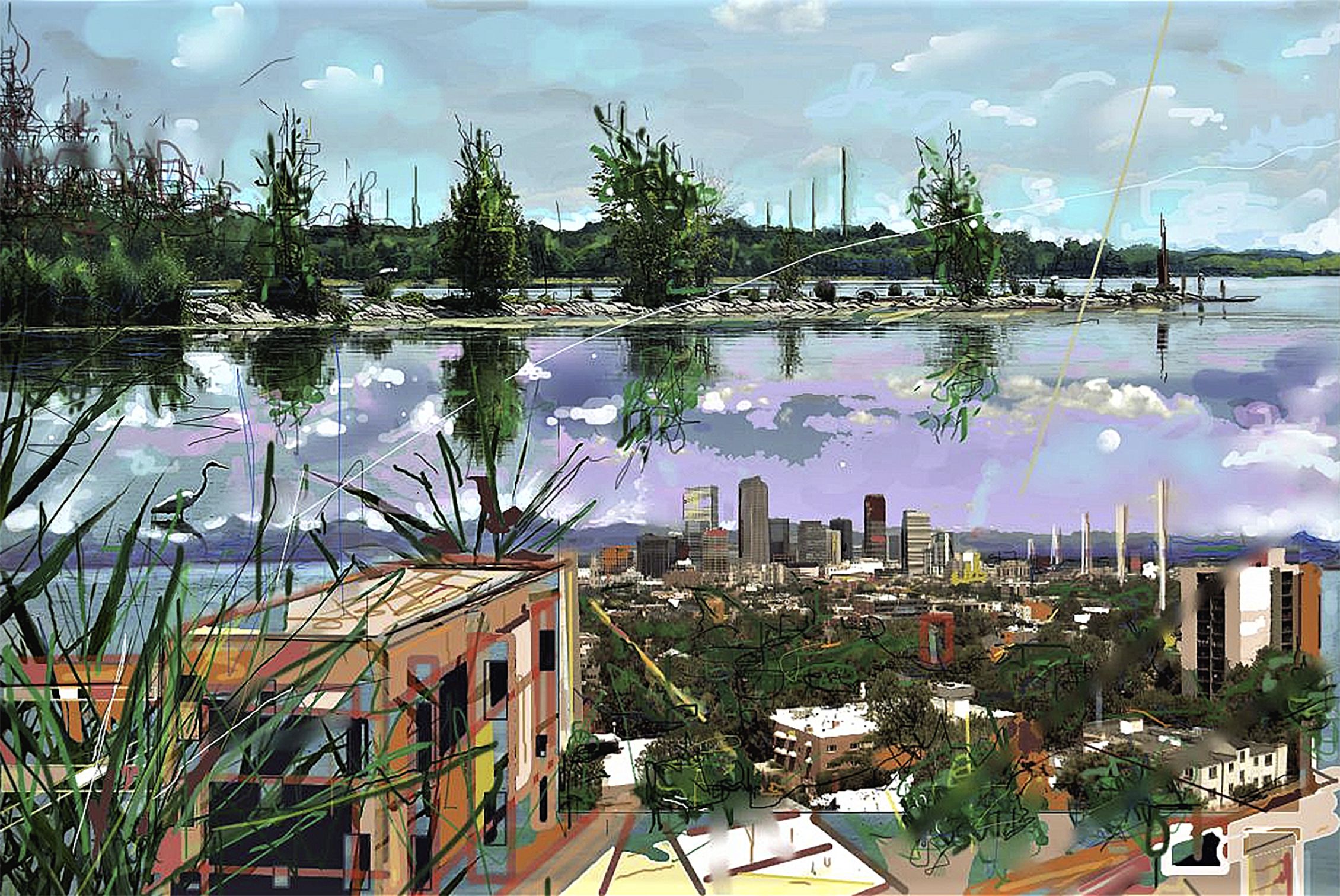 A painting of a body of water separating a town and a forest.