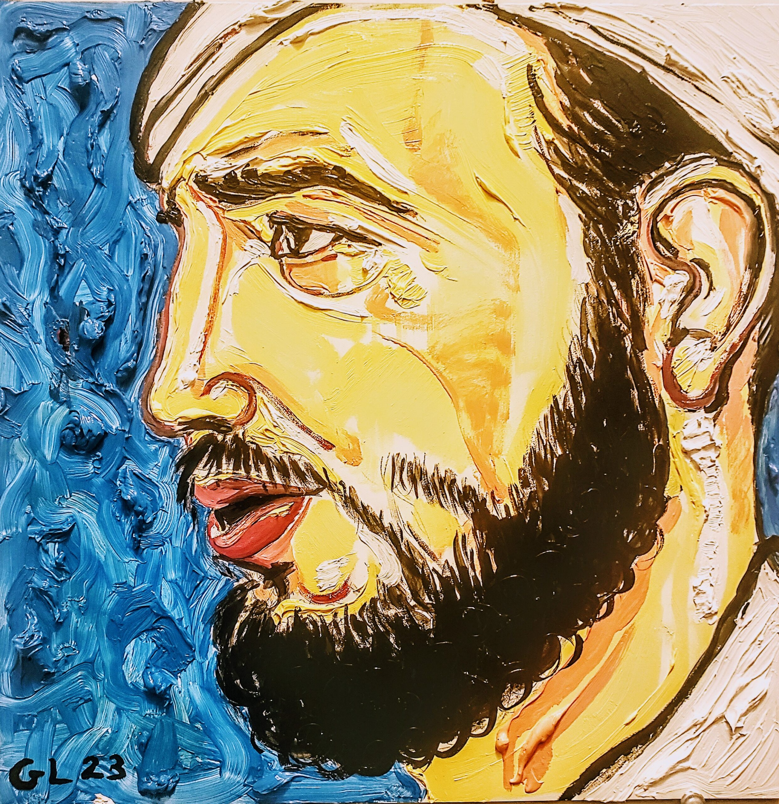 A painting showing the profile of a bearded man in front of a swirling blue background.