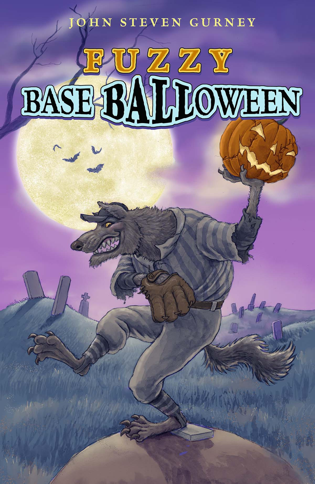 A book cover featuring an illustration of a werewolf in a graveyard standing on a baseball home plate, wearing a pinstripe baseball uniform and wearing a pitcher's glove on his right hand. He is holding a lit jack o'lantern in his left hand above his head in pitchers stance, as a pitcher might a baseball.