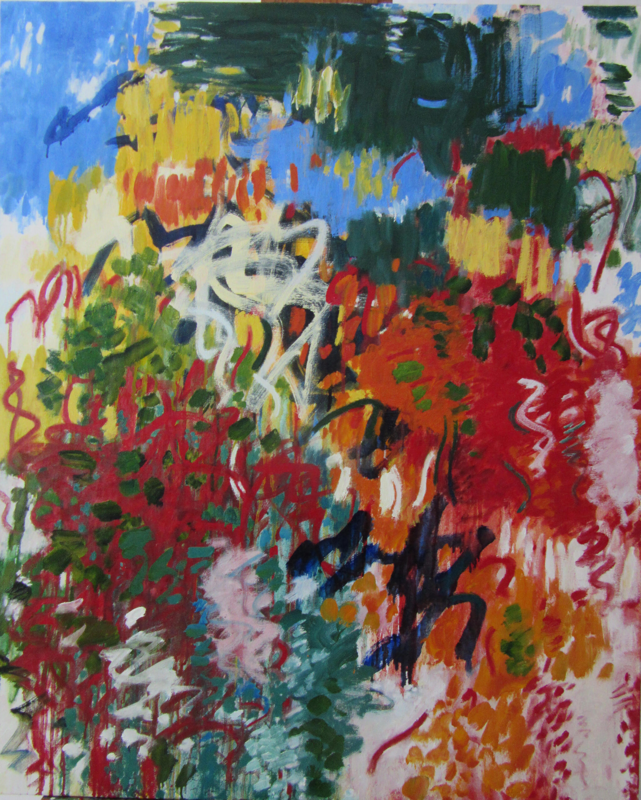 An abstract painting resembling a bucolic landscape, featuring reds, blues, and greens.