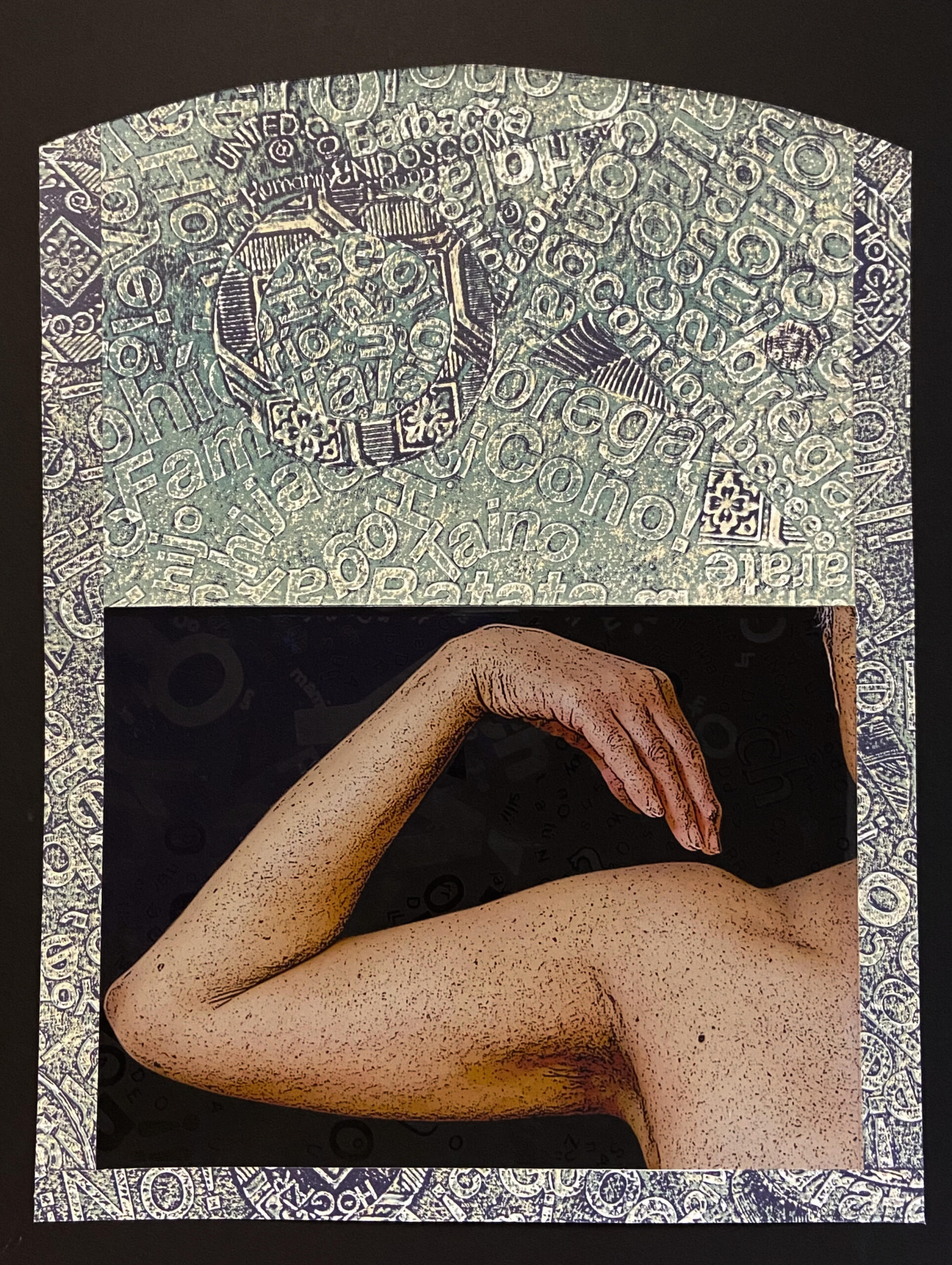A photograph of a person touching their right arm to their right shoulder, framed in a gray and intricately engraved grave-shaped frame.