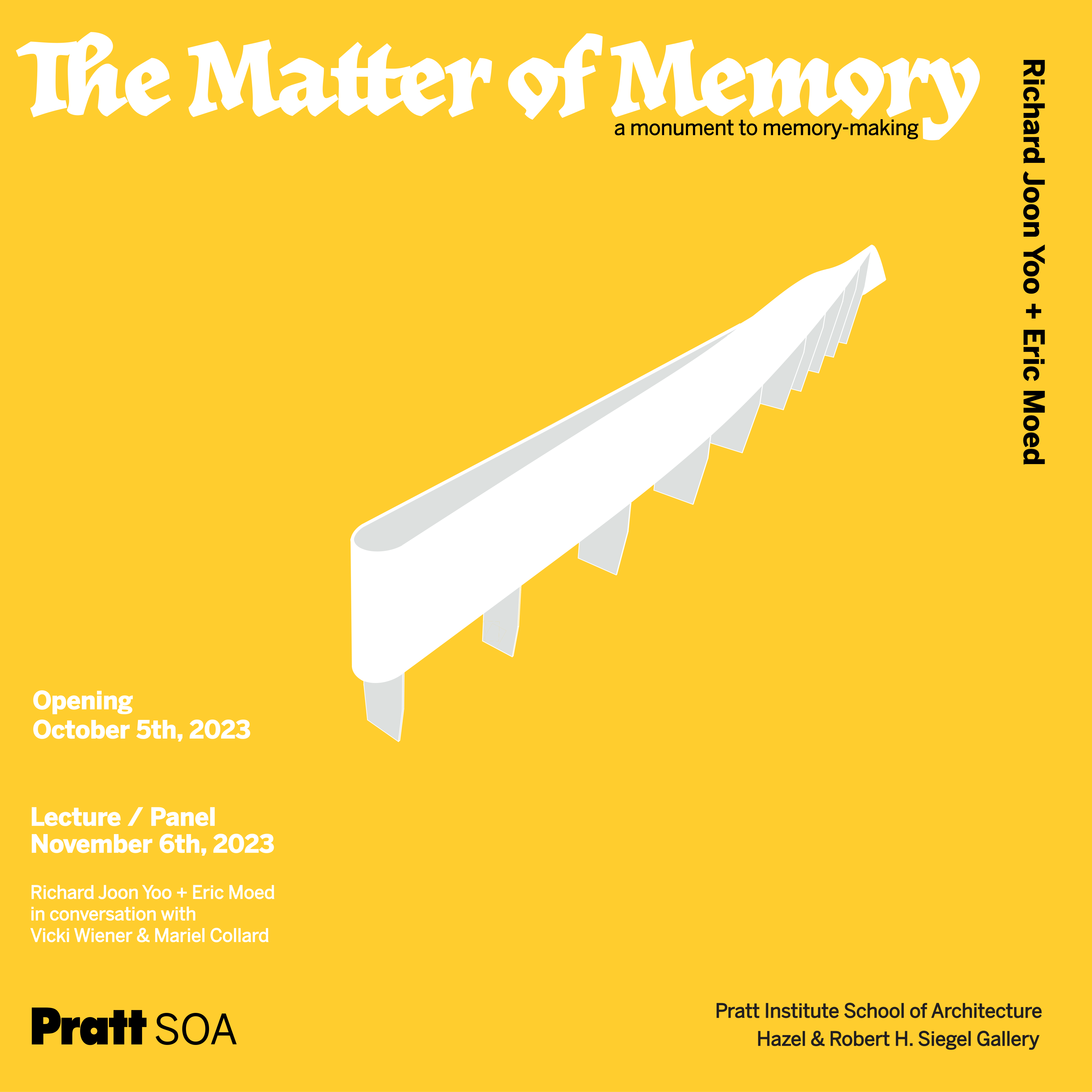 Event poster with a white background, and a vector illustration of an object that looks a bit like a curtain valence with blinds under it.