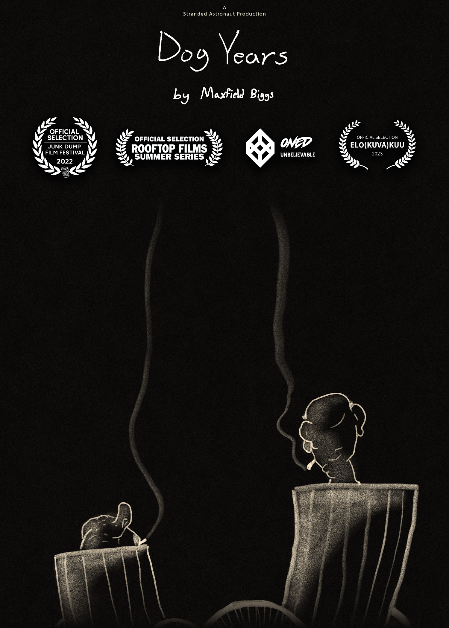 A black poster which features a drawing of two white figures facing away from the viewer, sitting in chairs and smoking.