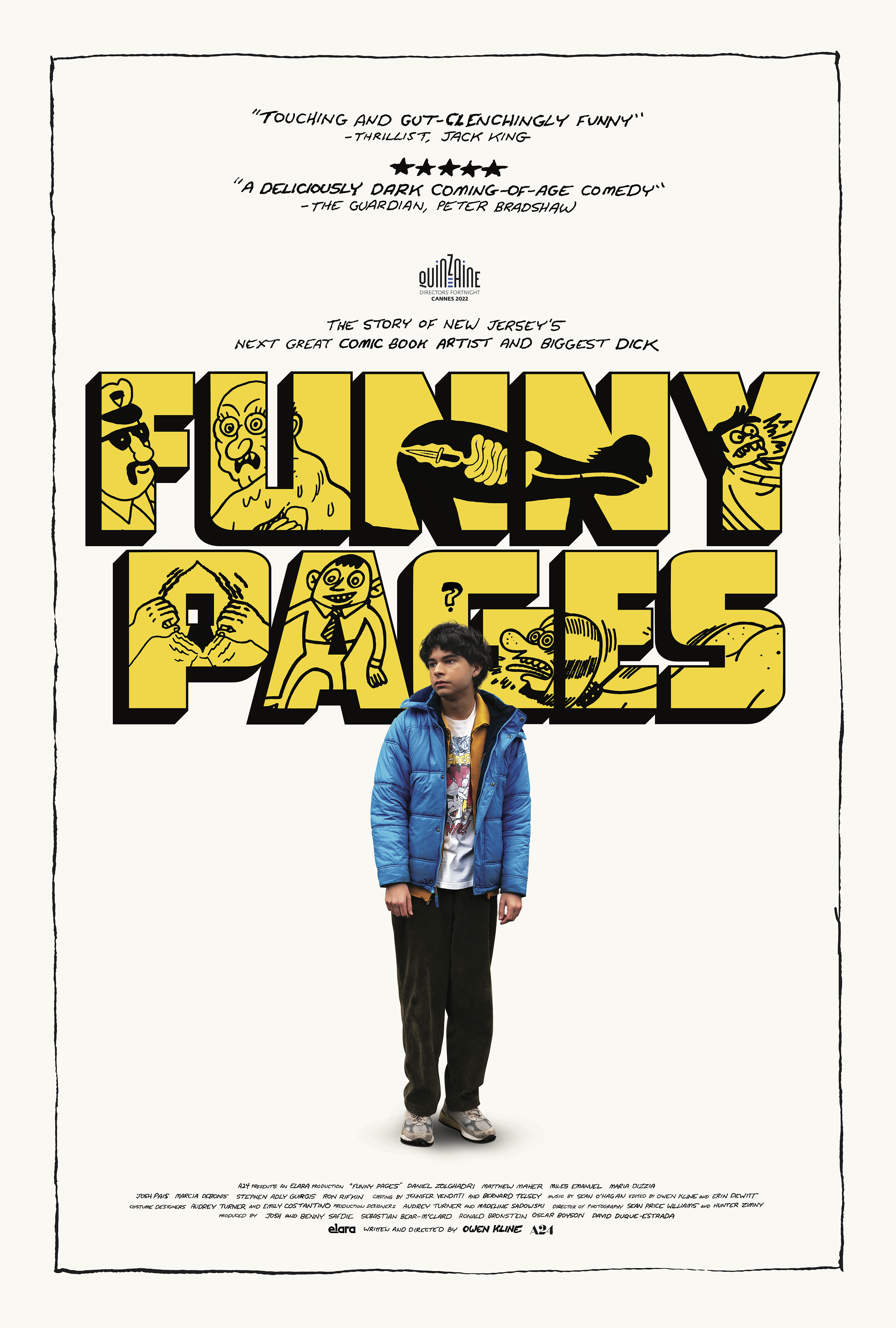 A white film poster featuring the film’s title, Funny Pages, in yellow with a series of crude drawings inside the text. A young man in a blue jacket is standing slightly below and in front of the text.