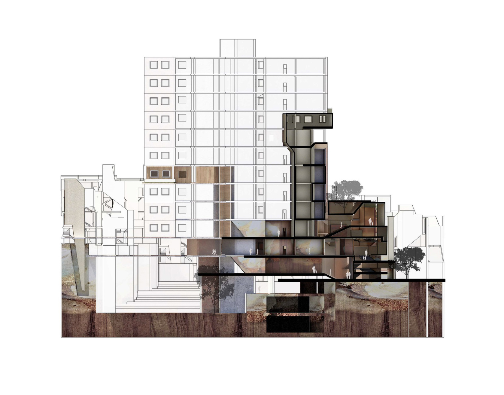 Ten-story building with wide outdoor staircase corridor combining line drawing and earth-toned detailed sections